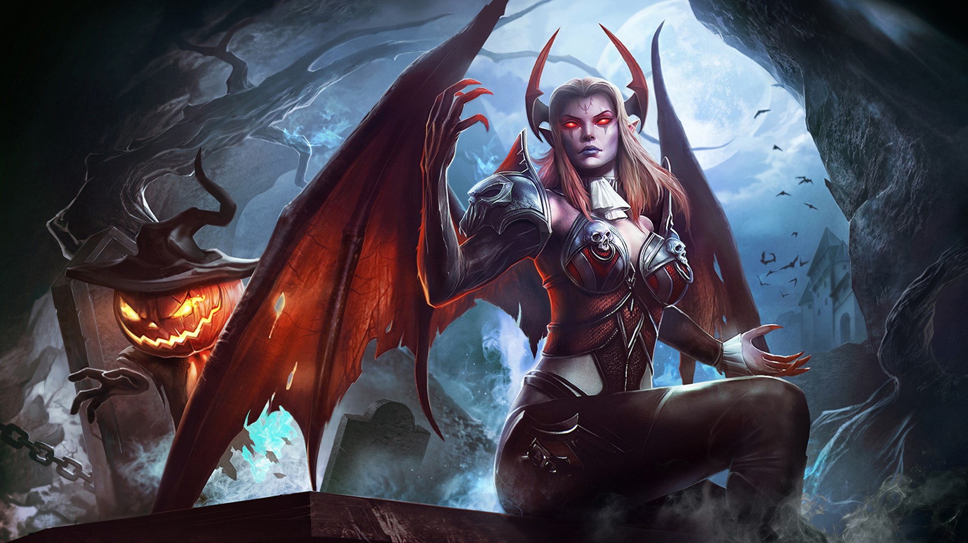 Vampire demon with wings and pumpkin monster in graveyard HD Wallpaper