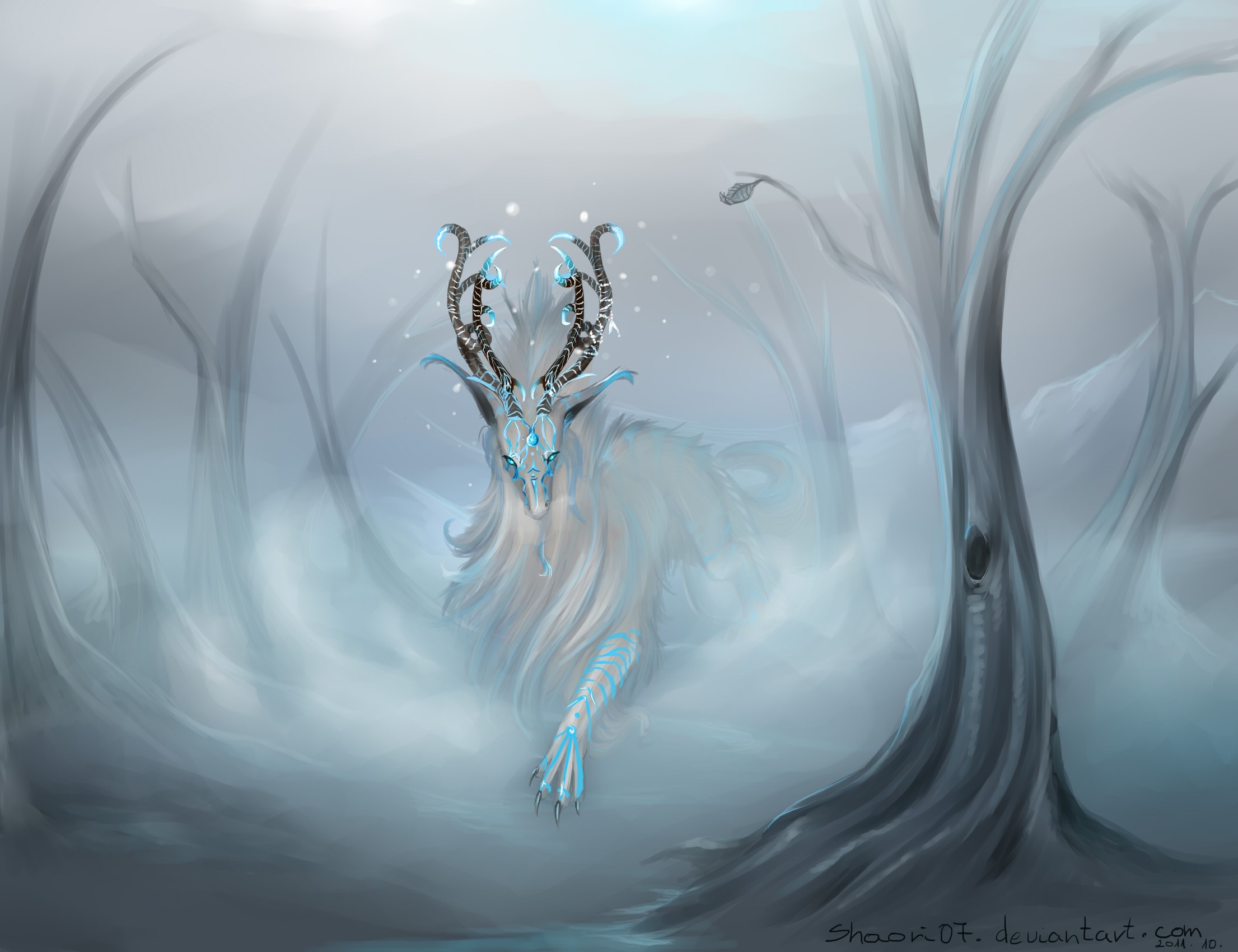Magical creature with antlers in a misty forest HD Wallpaper