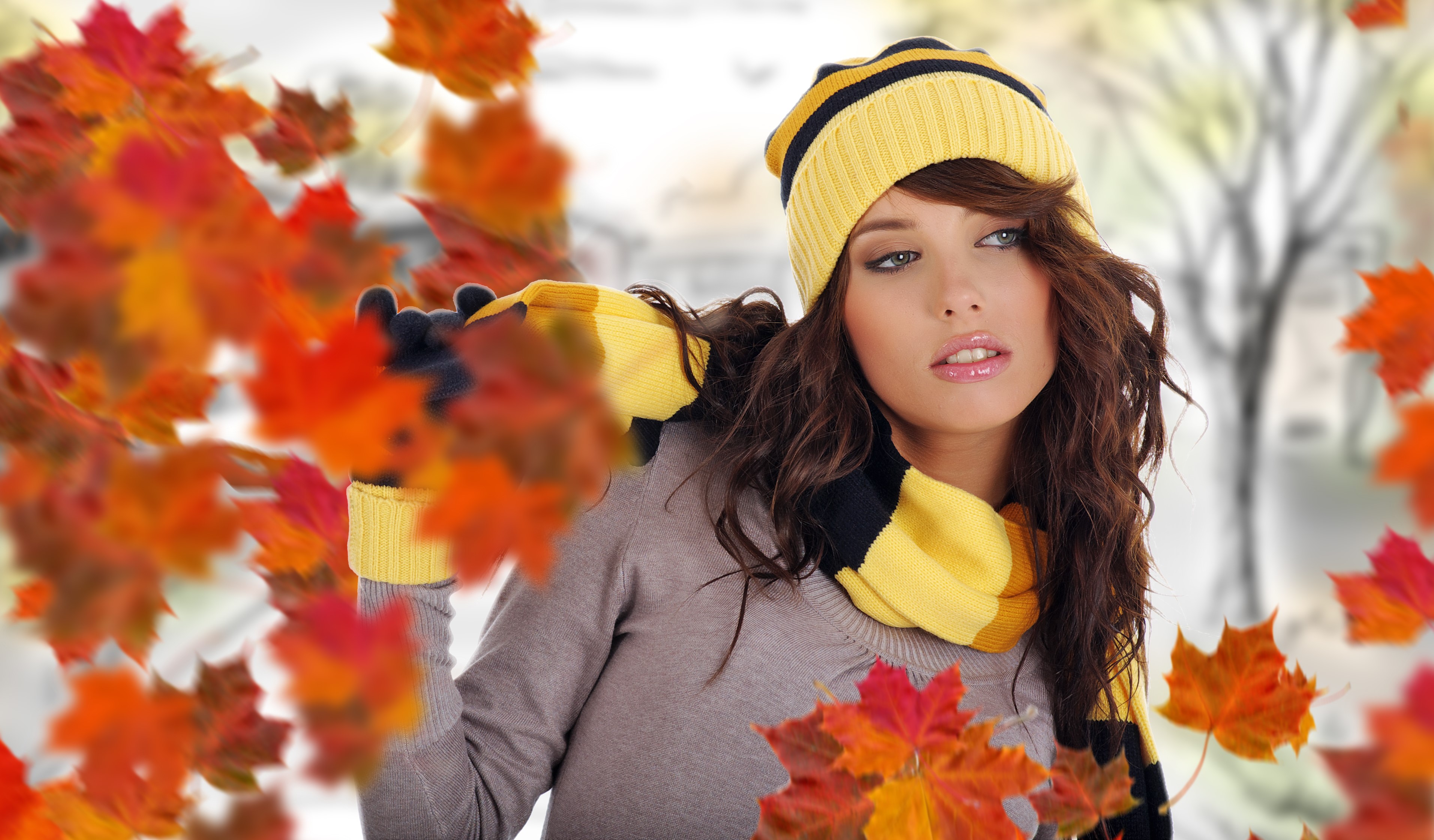 Woman in autumn hat and scarf with falling leaves HD Wallpaper