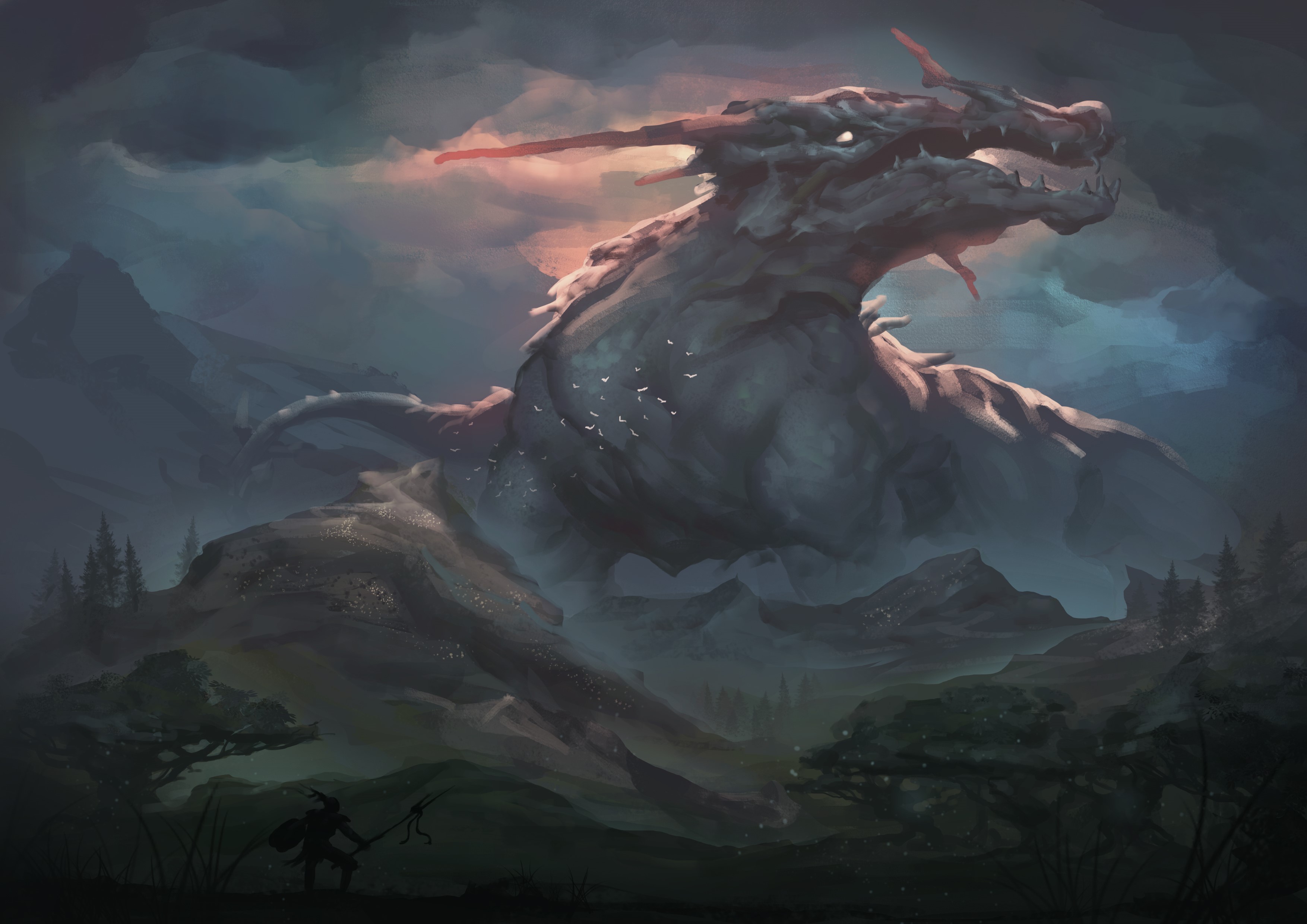 Giant dragon over mountains with a small warrior HD Wallpaper