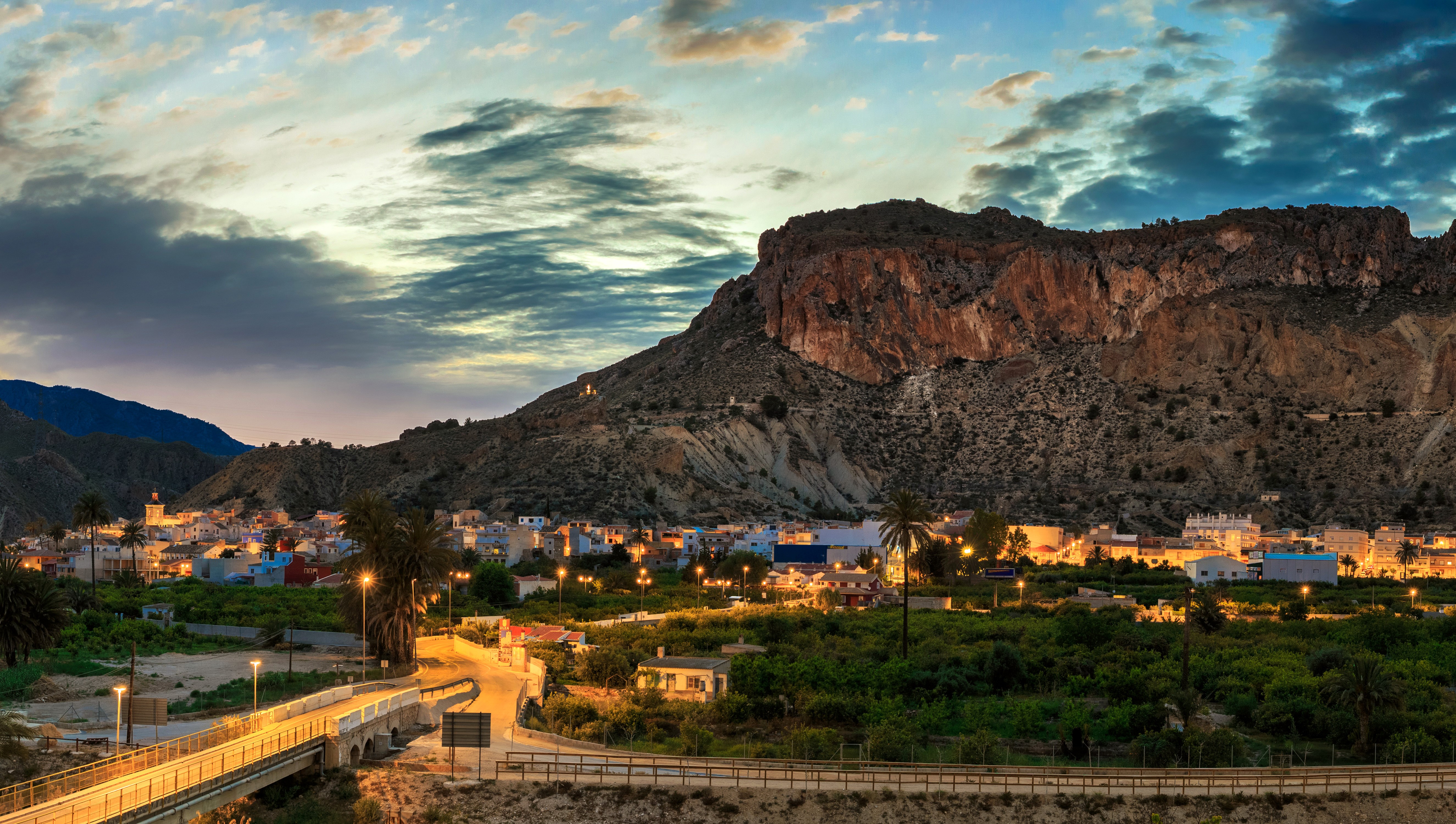 Ulea, Spain at Evening with Mountains and Street Lights HD Wallpaper