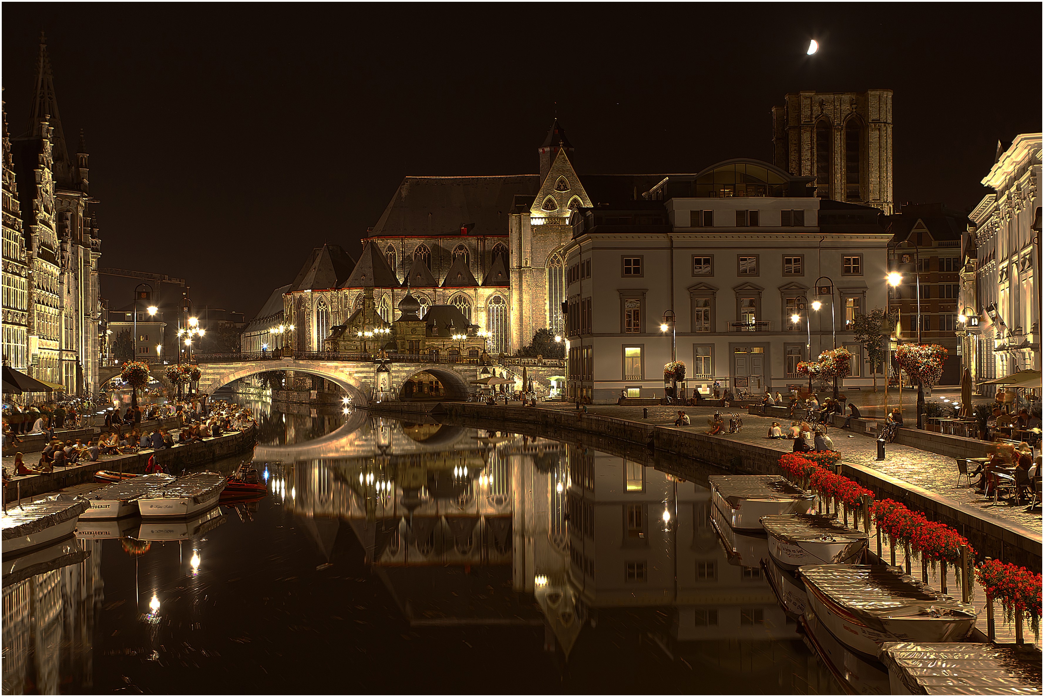 Ghent canal at night with illuminated buildings and bridge HD Wallpaper