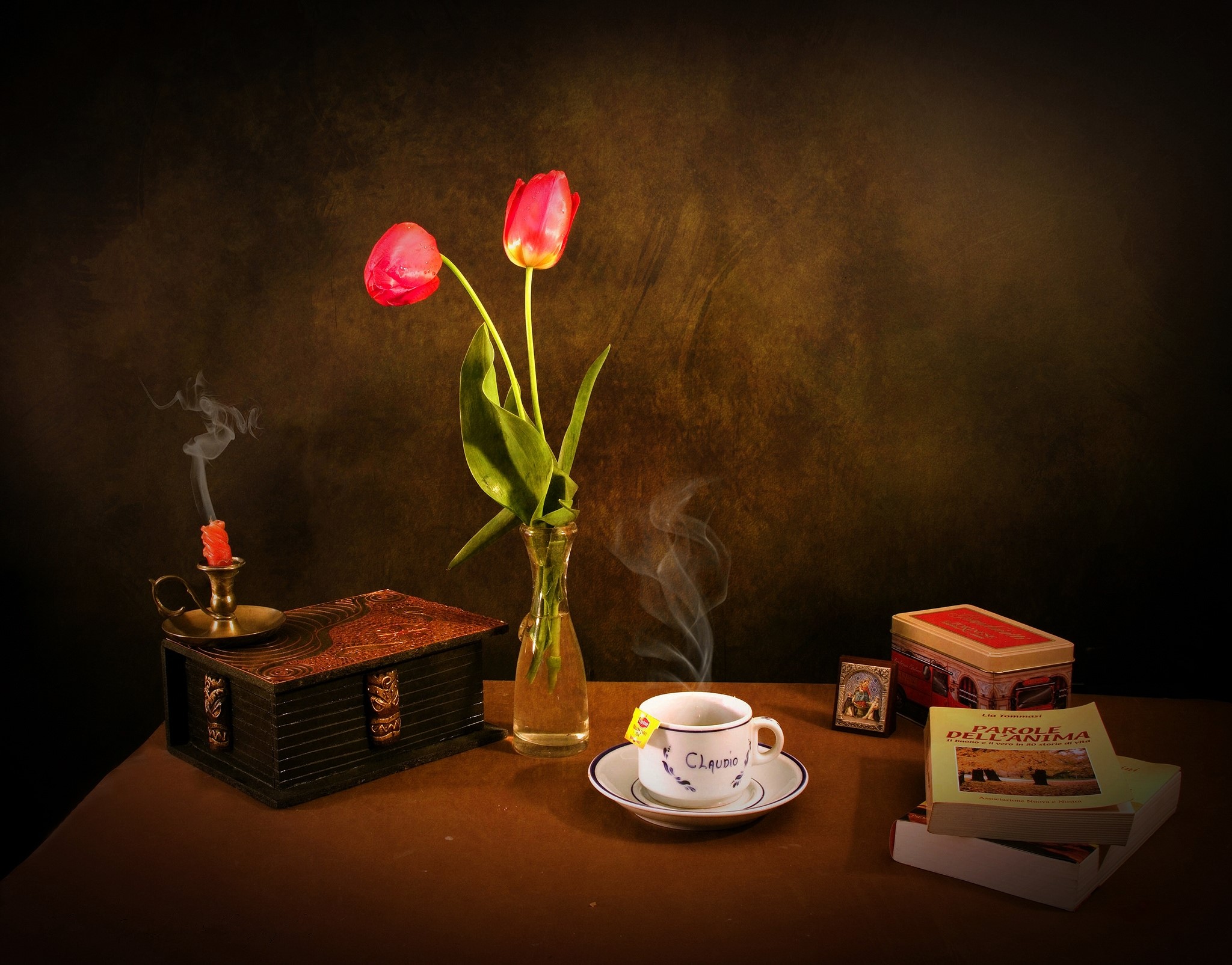 Still-life with tulips, books, and a cup of tea HD Wallpaper