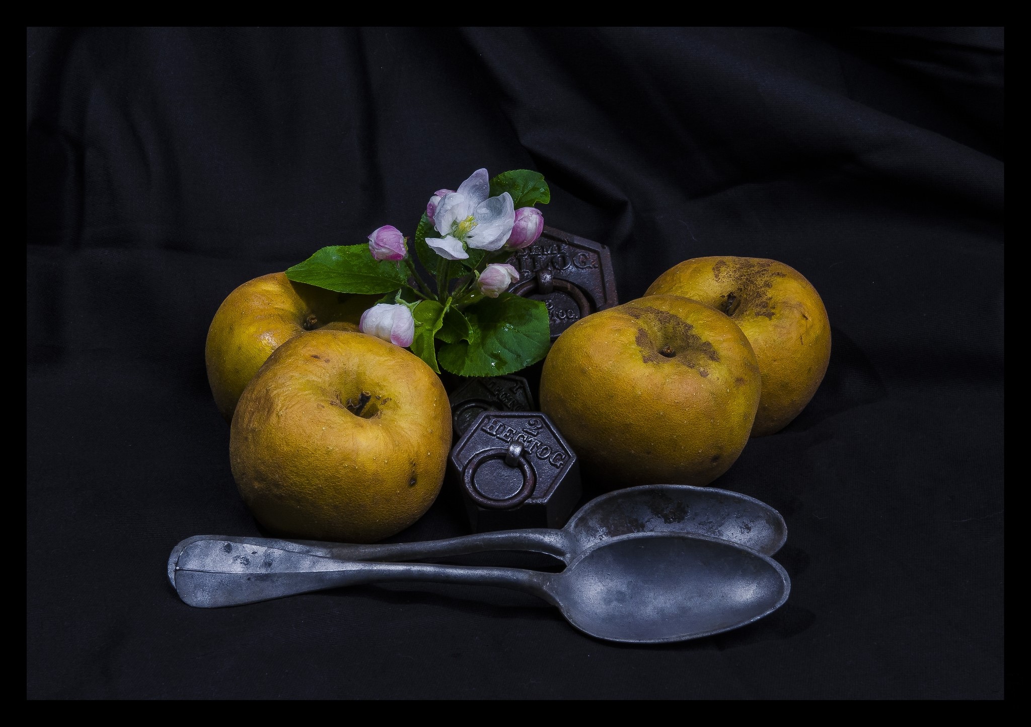 Still-life with apples, flowers, and spoons HD Wallpaper