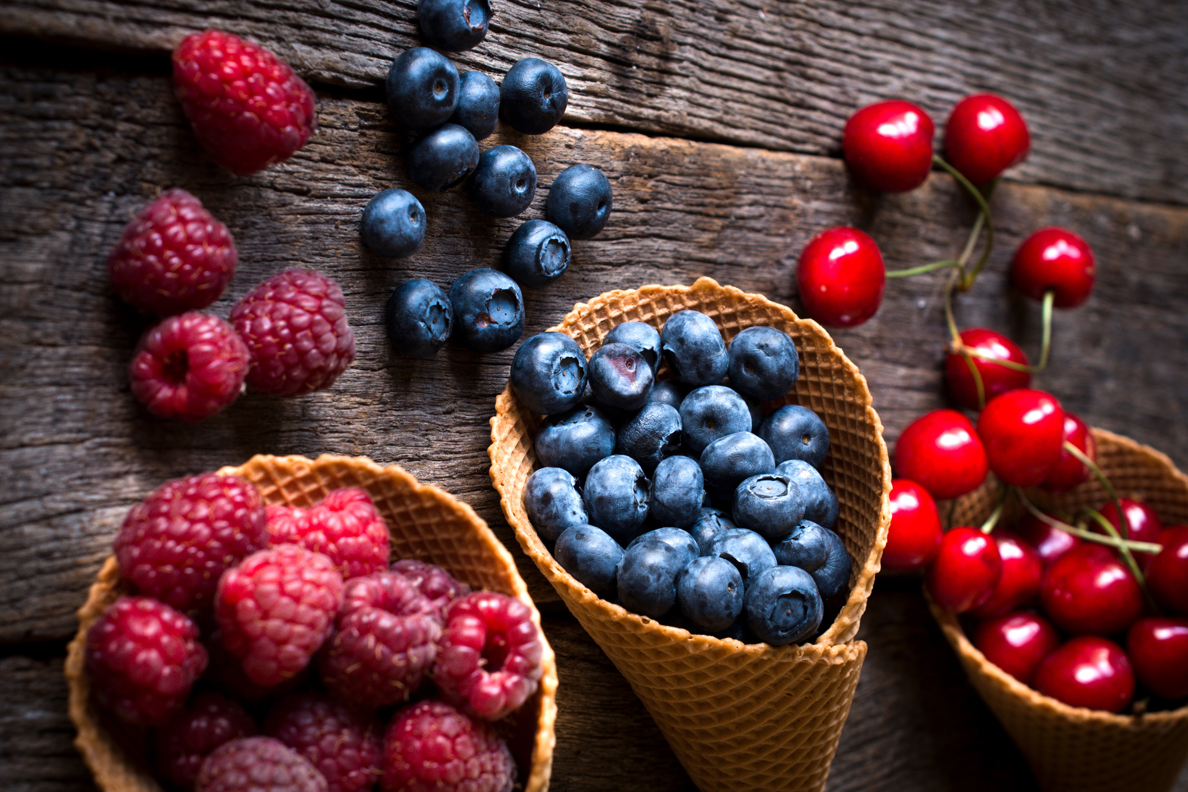 4K Berries in Waffle Cones on Wood HD Wallpaper