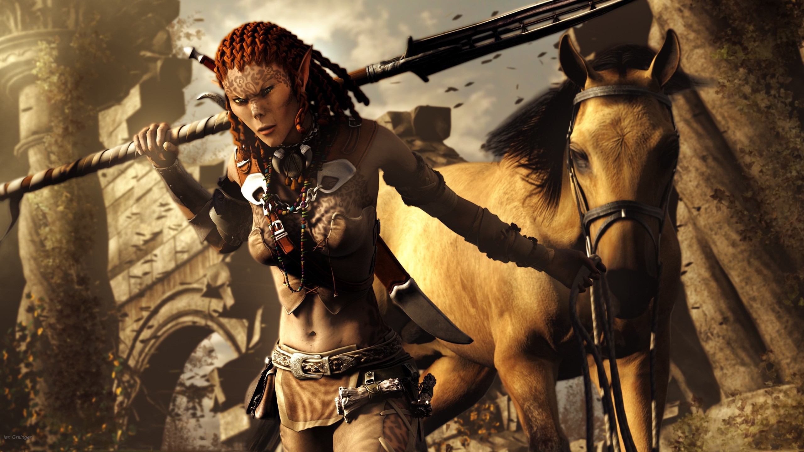 Elf warrior with spear and horse in ruins HD Wallpaper
