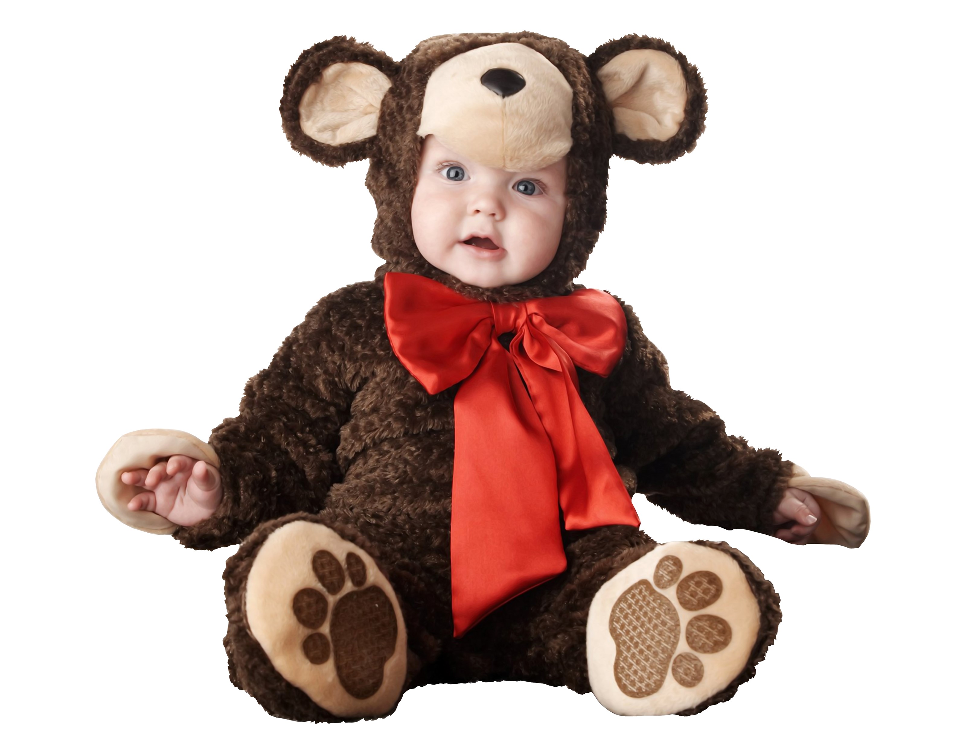 Baby in a brown teddy bear costume with a red bow HD Wallpaper