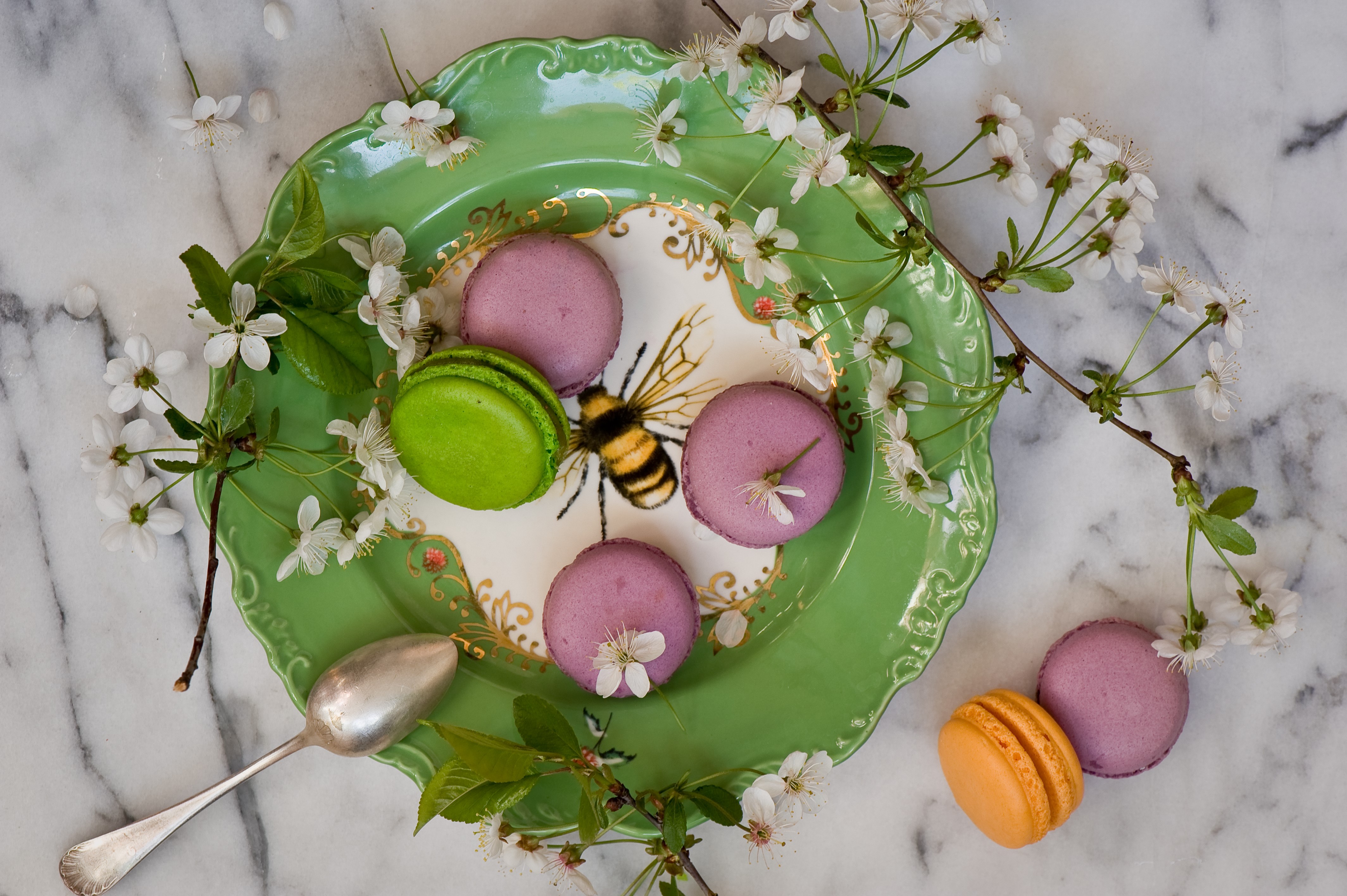Plate with Macarons and Spoon HD Wallpaper