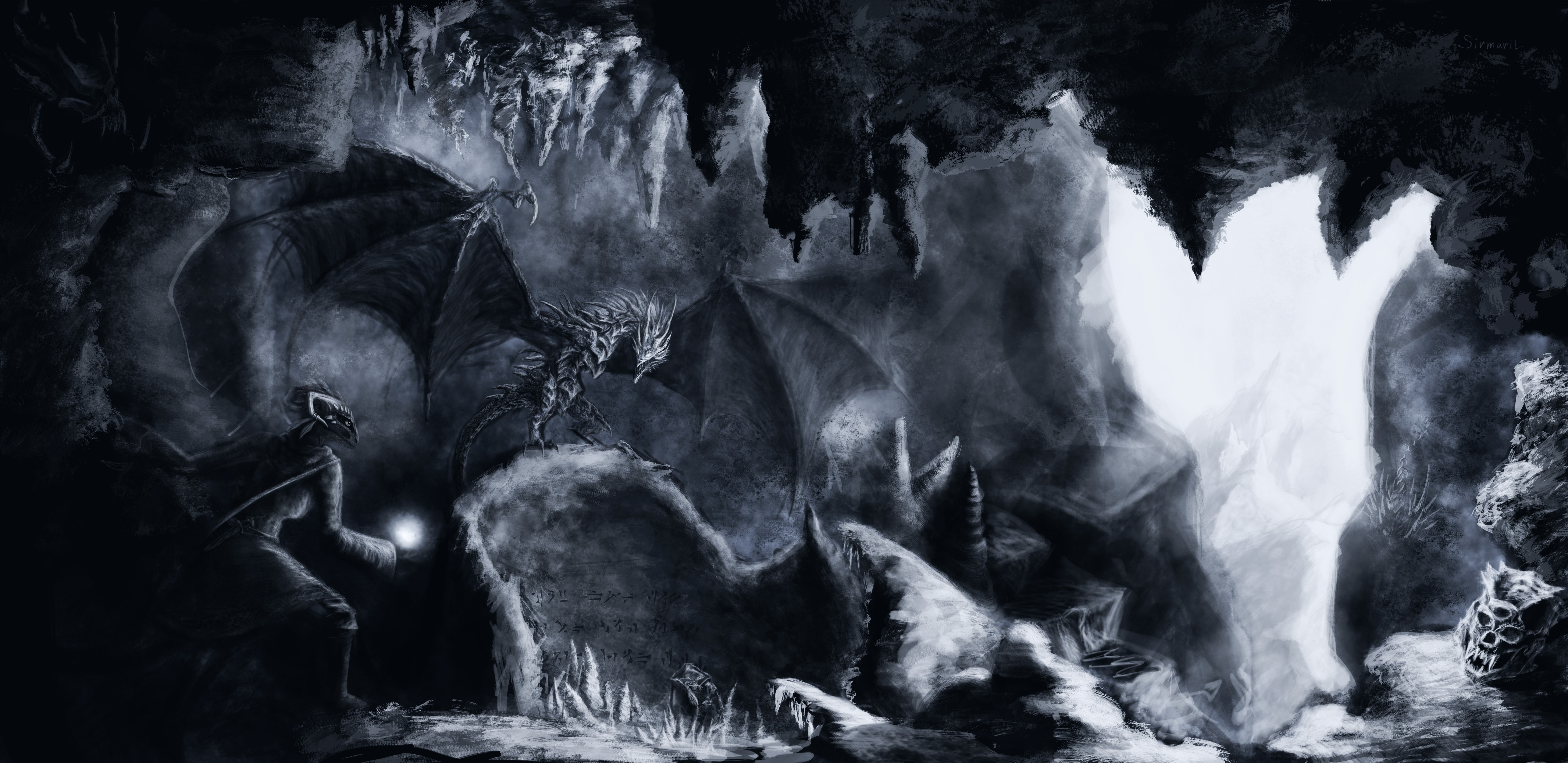 Dragons in a dark cave HD Wallpaper