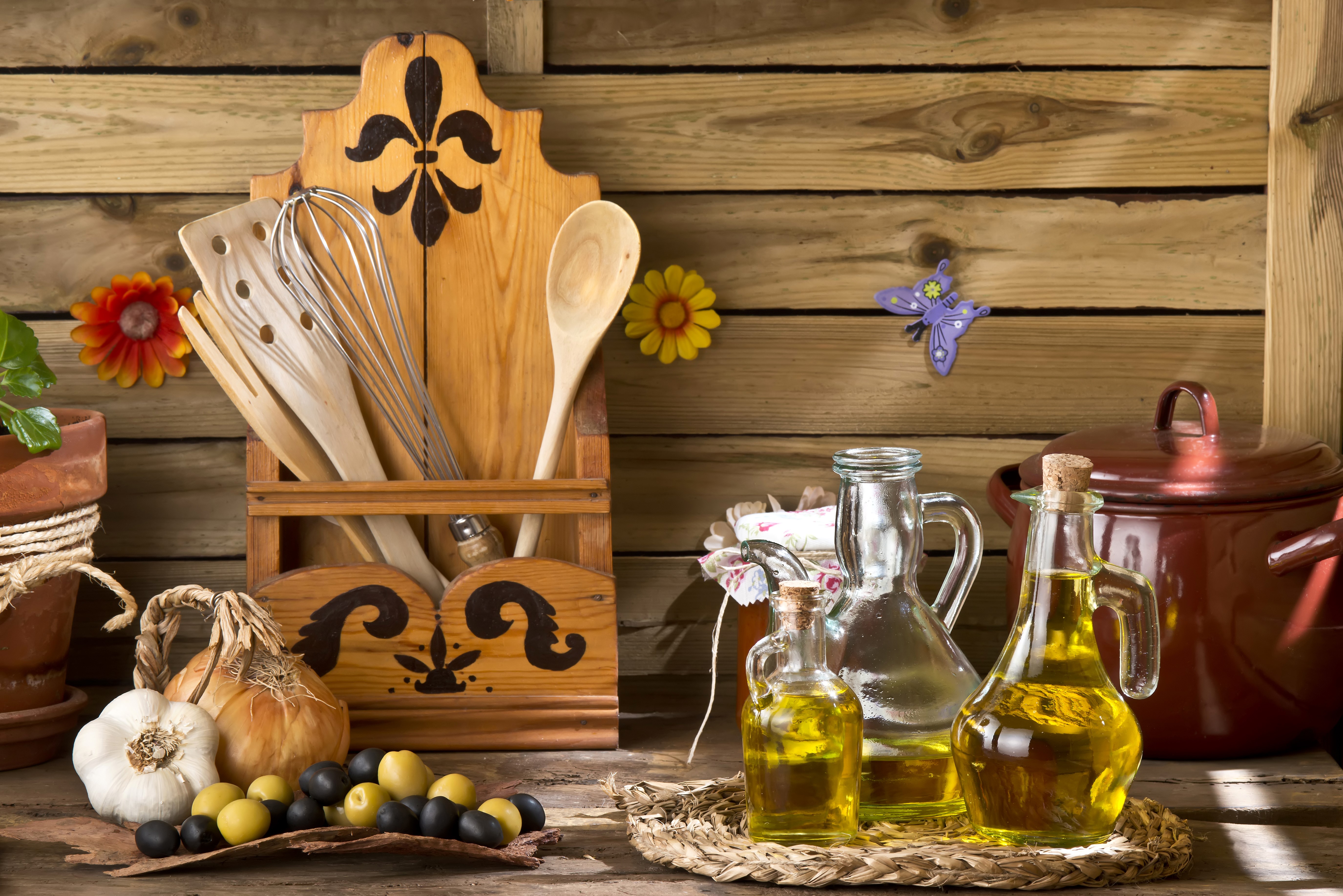 Still-life with kitchen utensils, oils, and vegetables HD Wallpaper