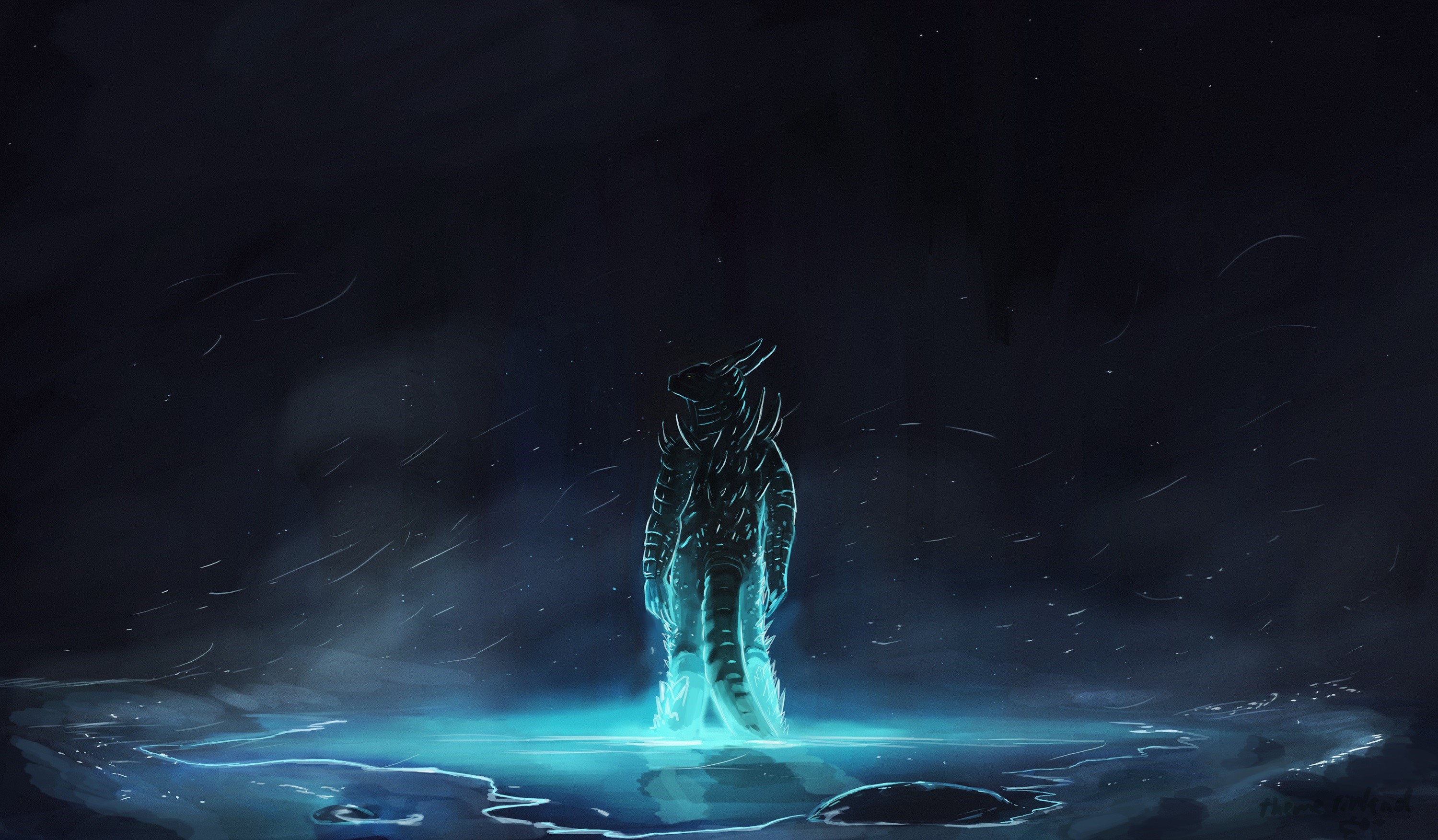 Glowing creature standing in water HD Wallpaper