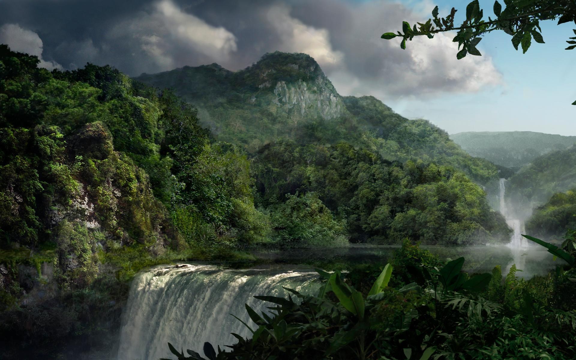 Waterfall cascading into a jungle river with mountains HD Wallpaper