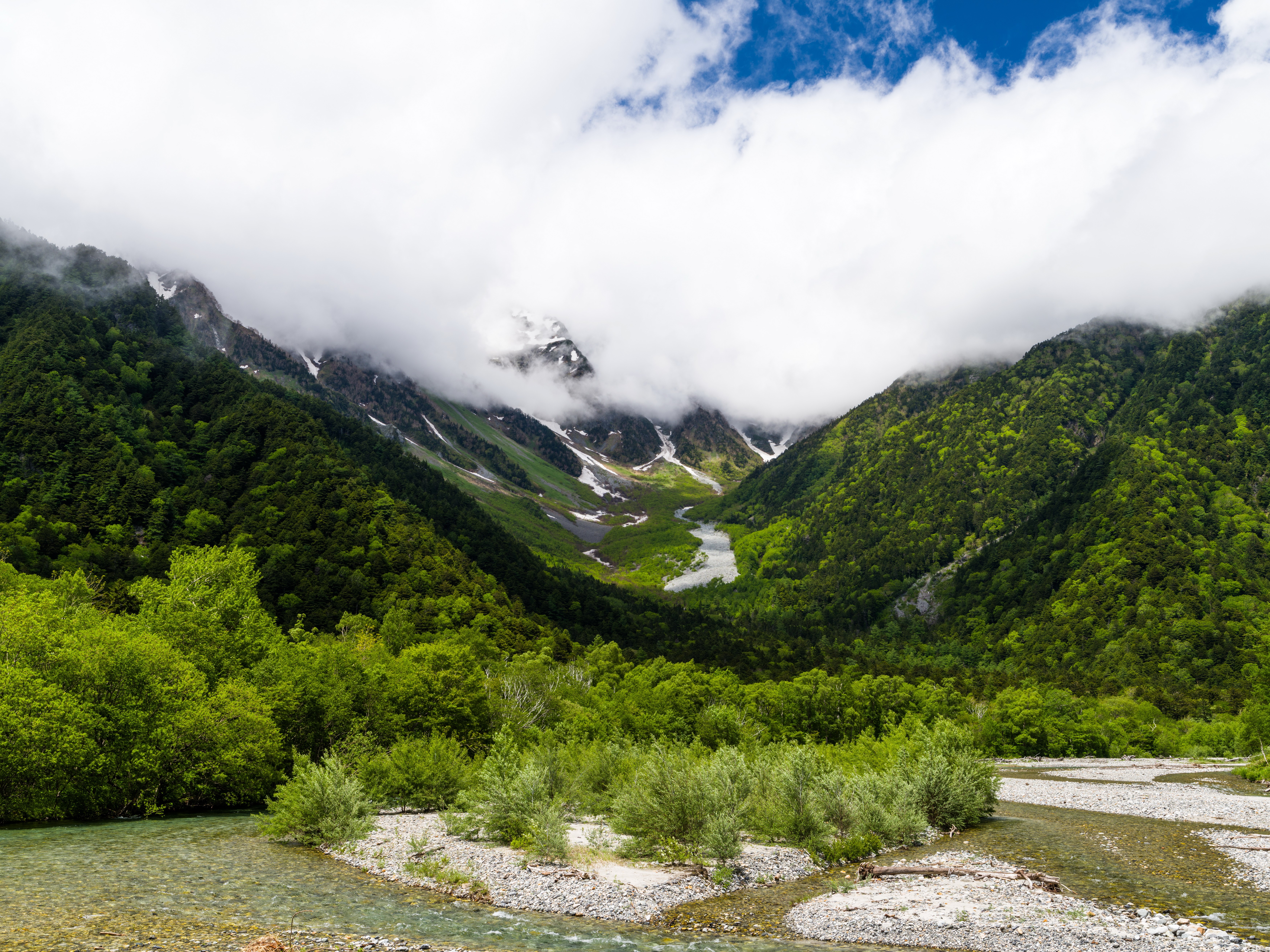 Mountains and Forests with Clouds and River HD Wallpaper