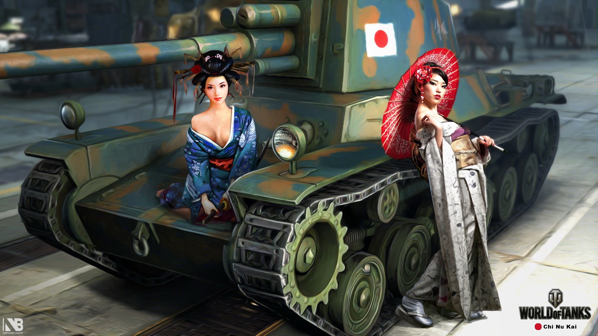 Chi Nu Kai tank with two women in kimonos, World of Tanks HD Wallpaper