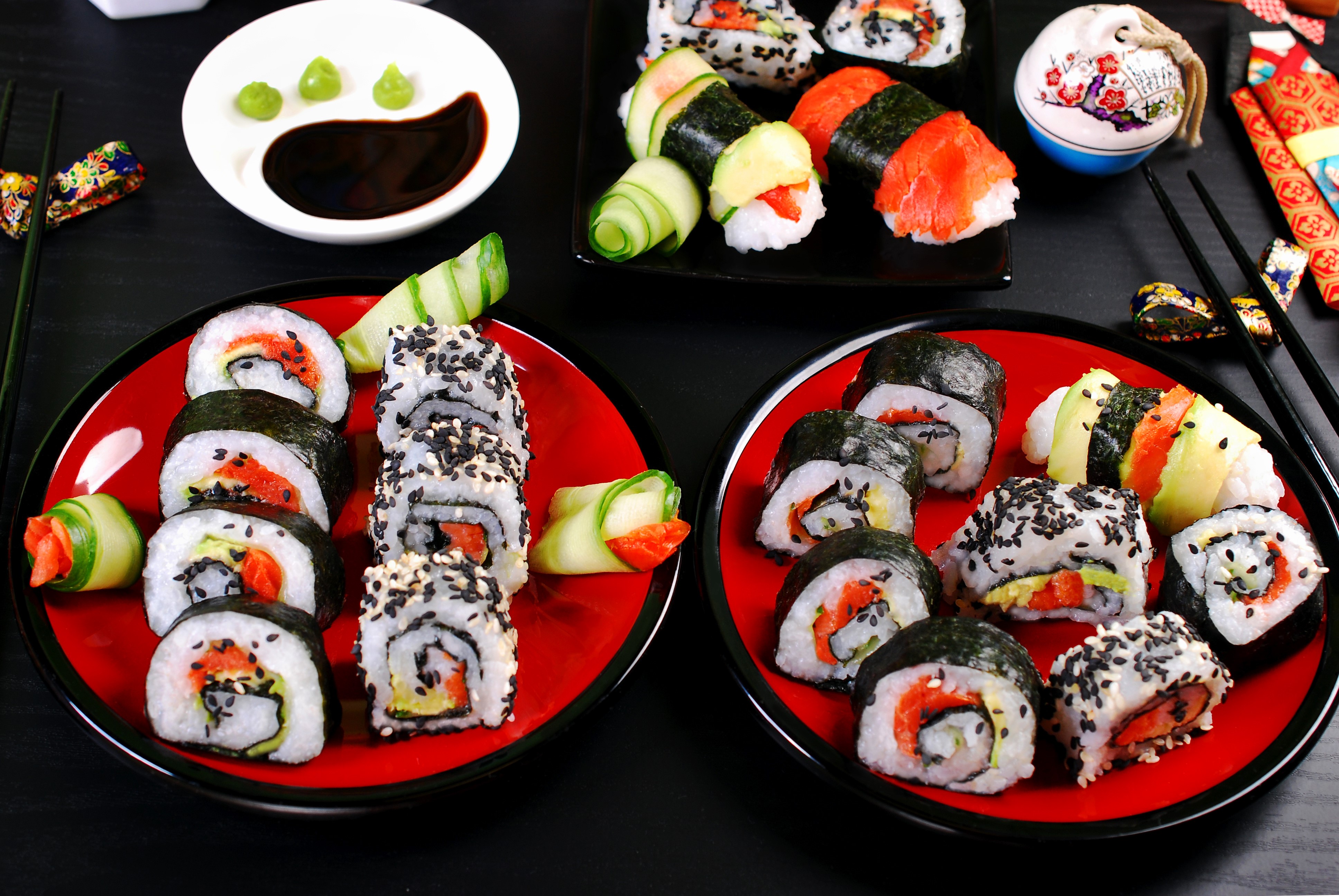 Sushi and Sashimi Platter with Soy Sauce and Wasabi HD Wallpaper