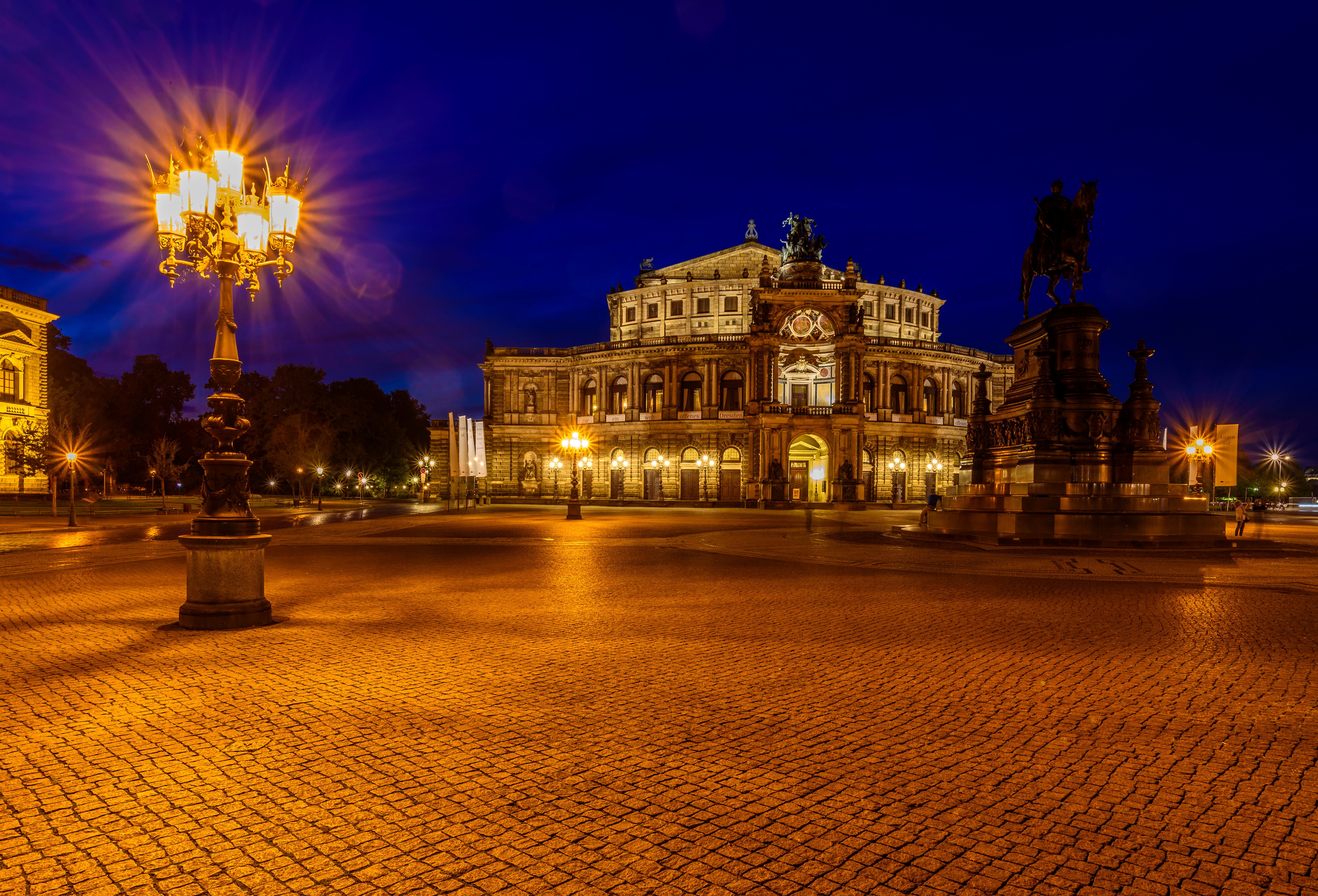 Dresden Opera House and Monument at Night HD Wallpaper