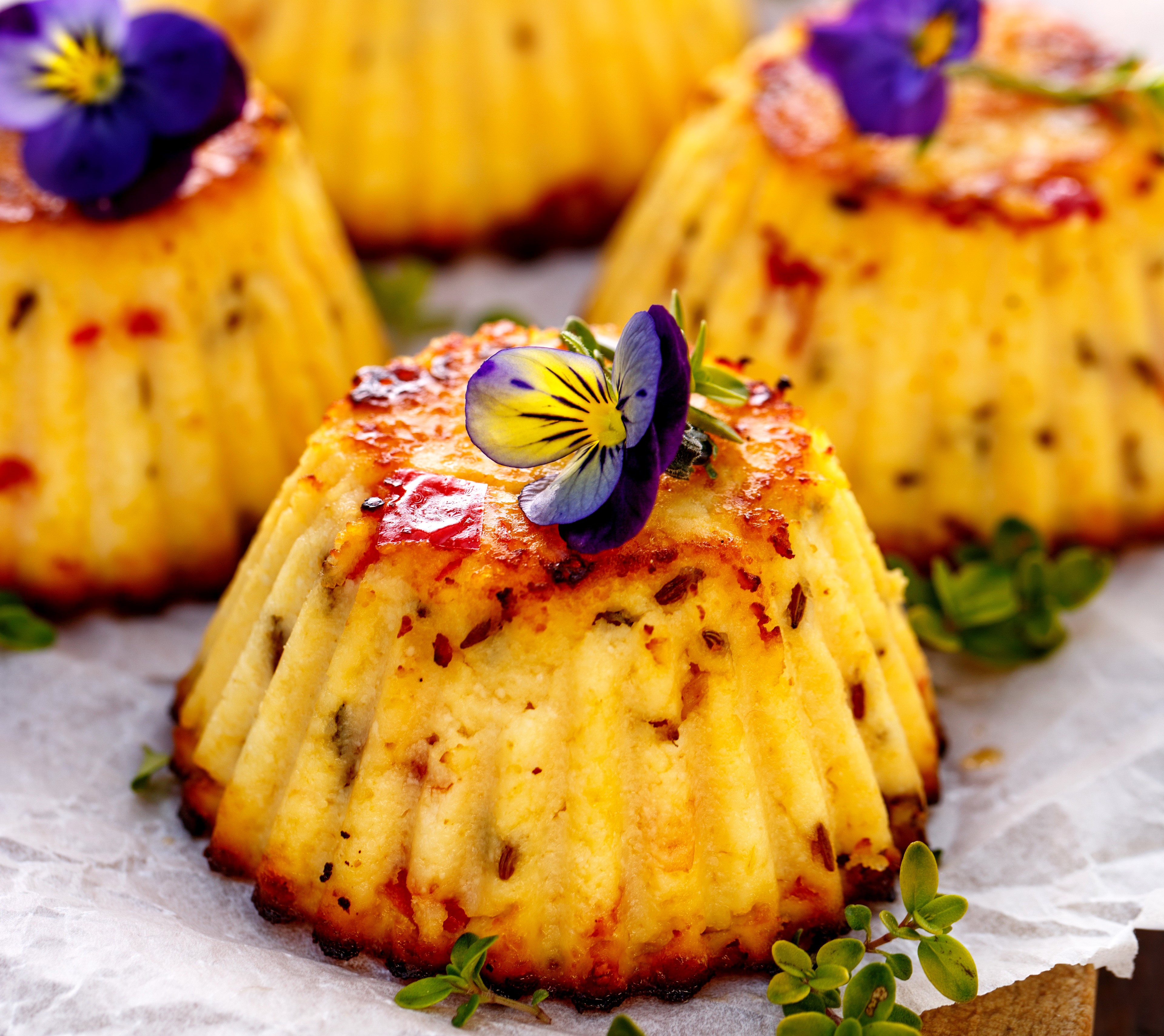 Savory Muffins with Pansy Garnish HD Wallpaper