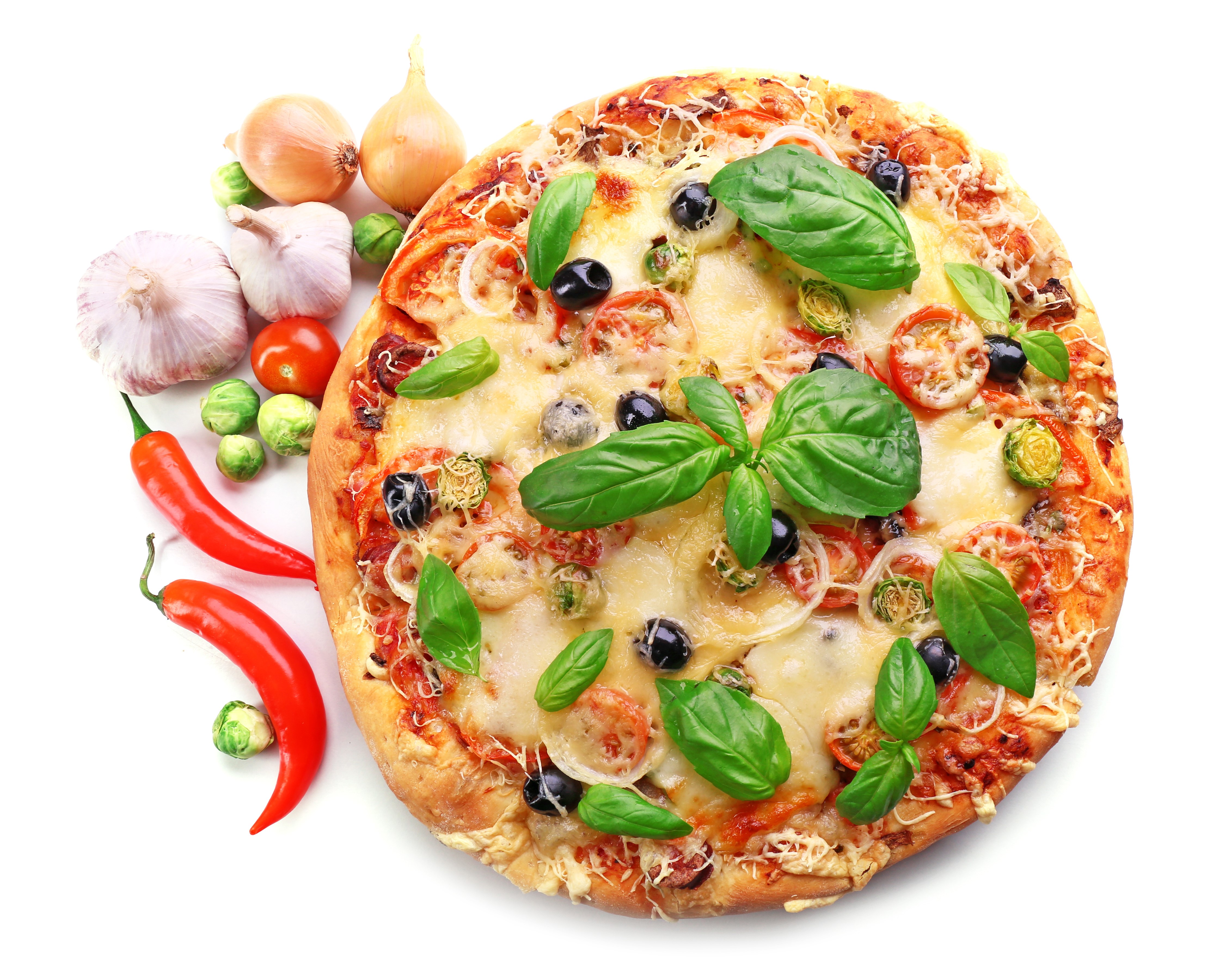 Pizza with vegetables and basil on white background HD Wallpaper