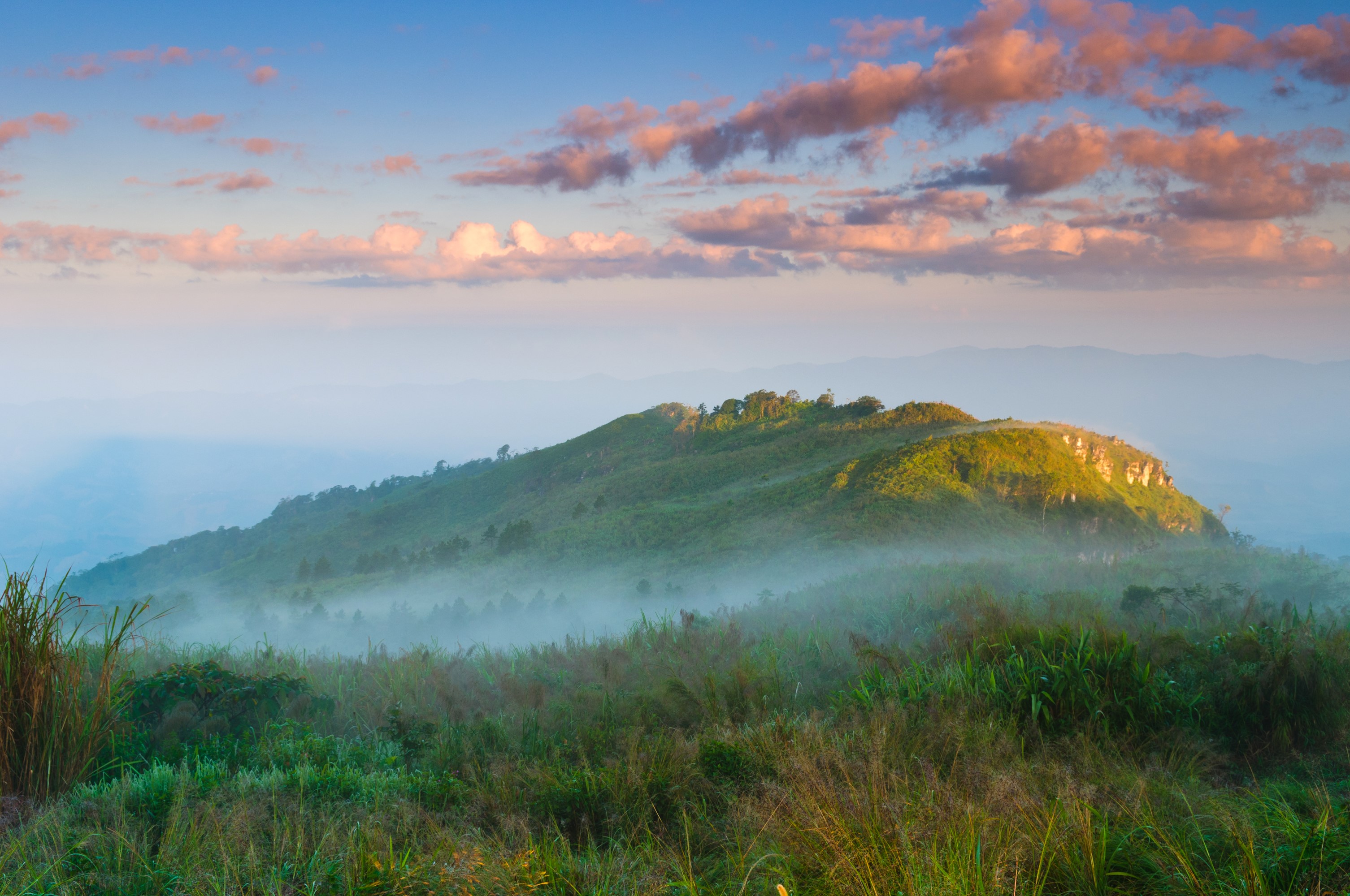 Misty Mountains in Thailand at Sunrise HD Wallpaper
