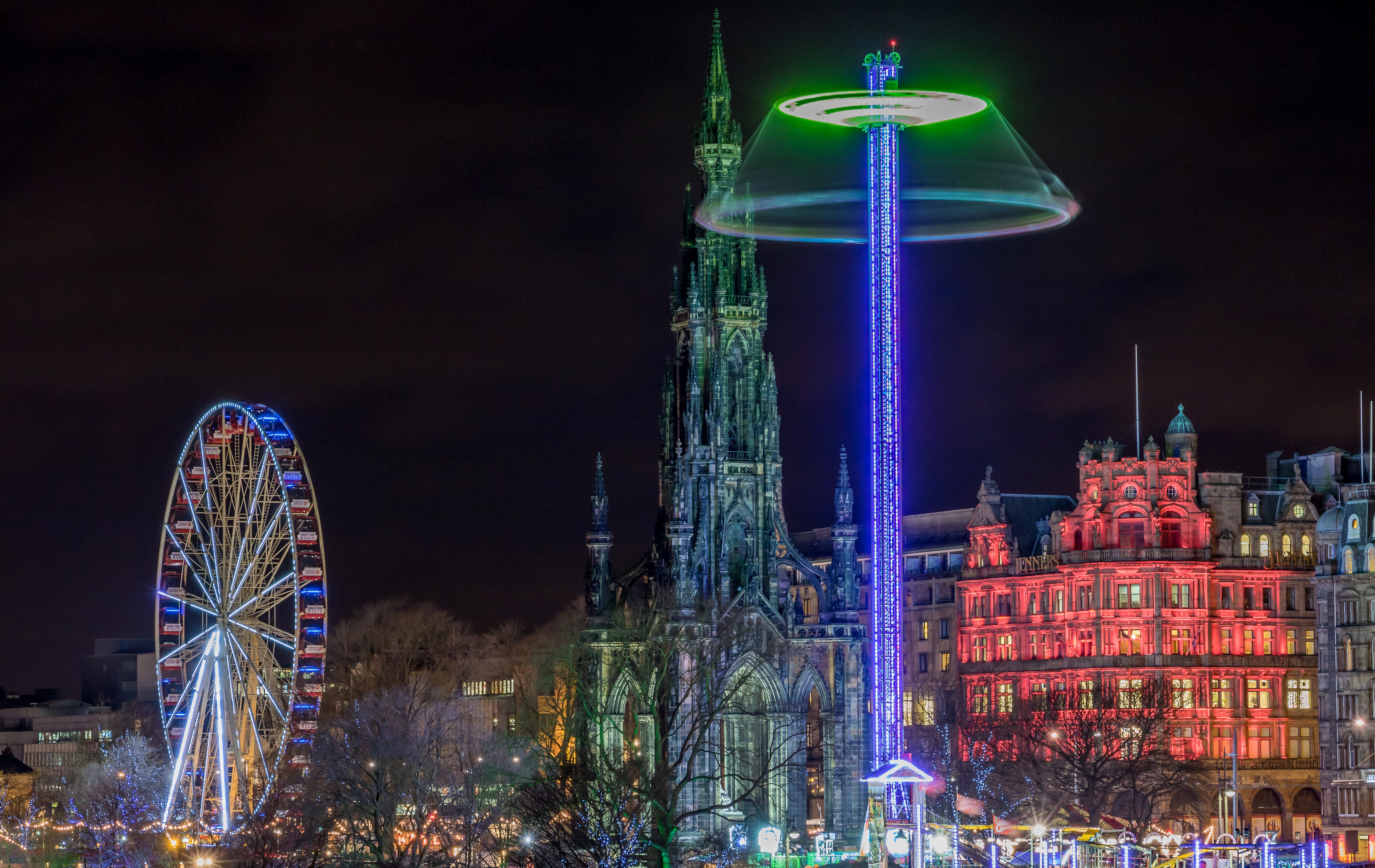 Edinburgh at Night with Ferris Wheel and Scott Monument HD Wallpaper