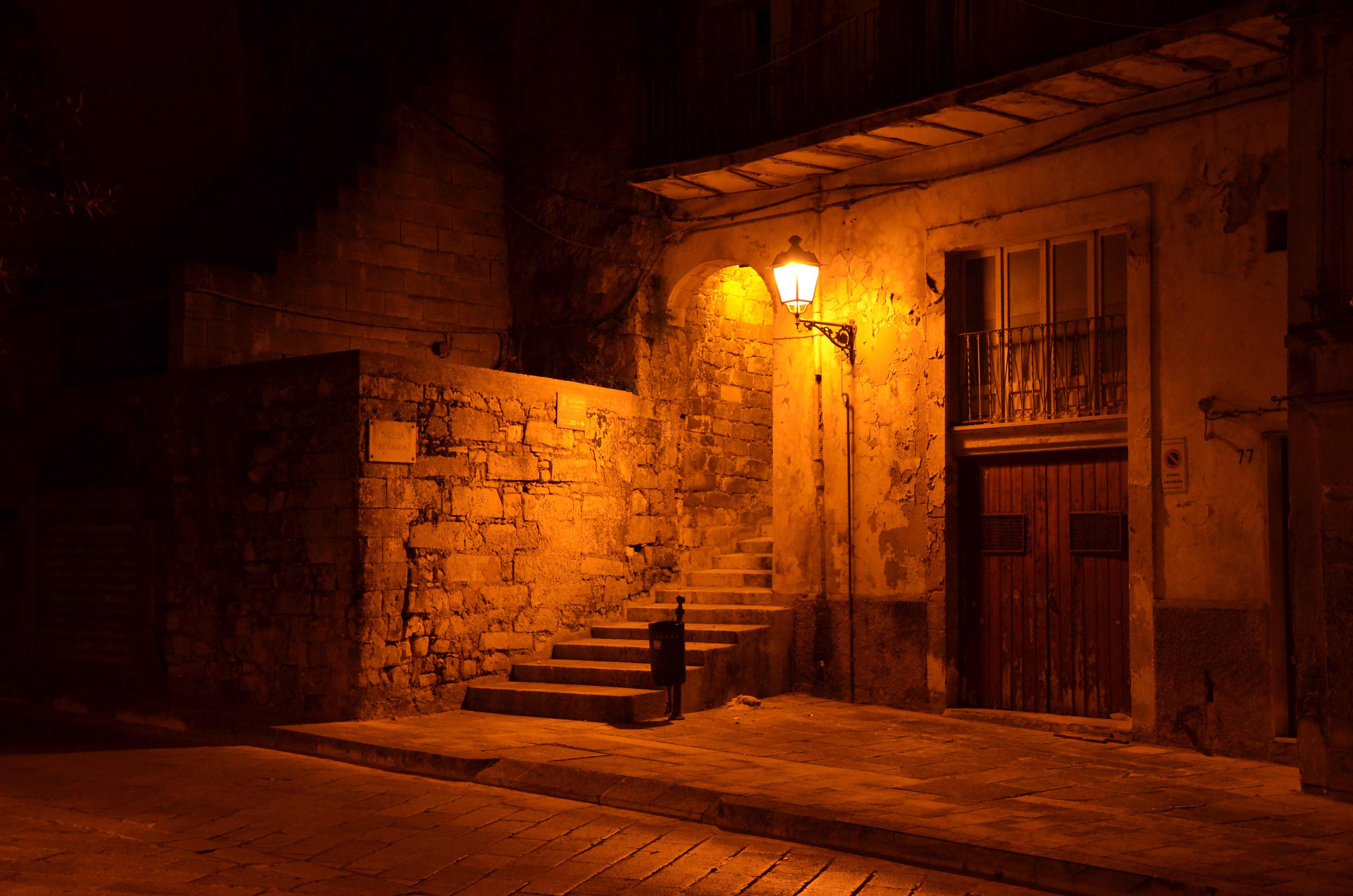 Night street in Ragusa, Sicily with street light and stairs HD Wallpaper