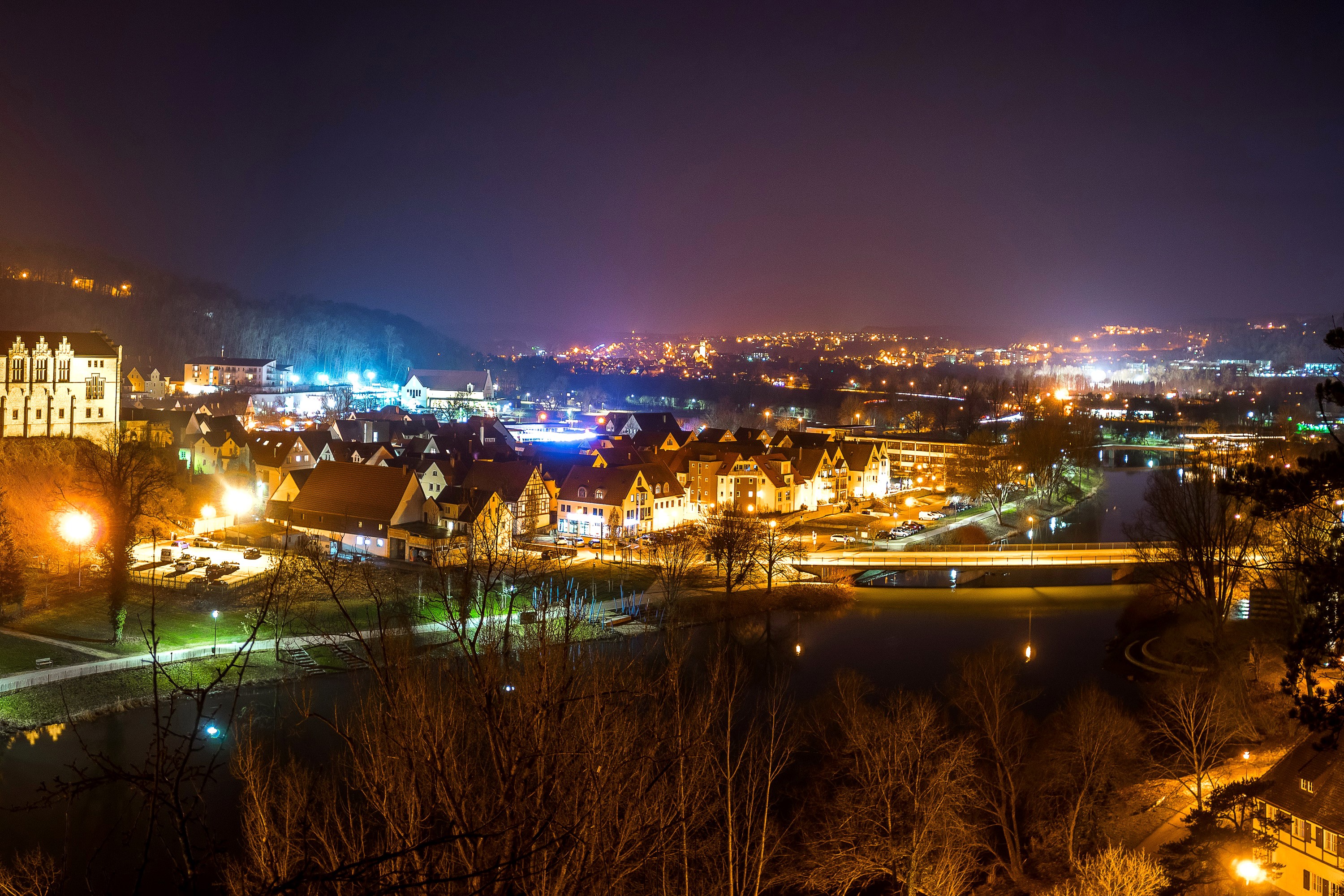 Sigmaringen, Germany at Night with River and Bridges HD Wallpaper