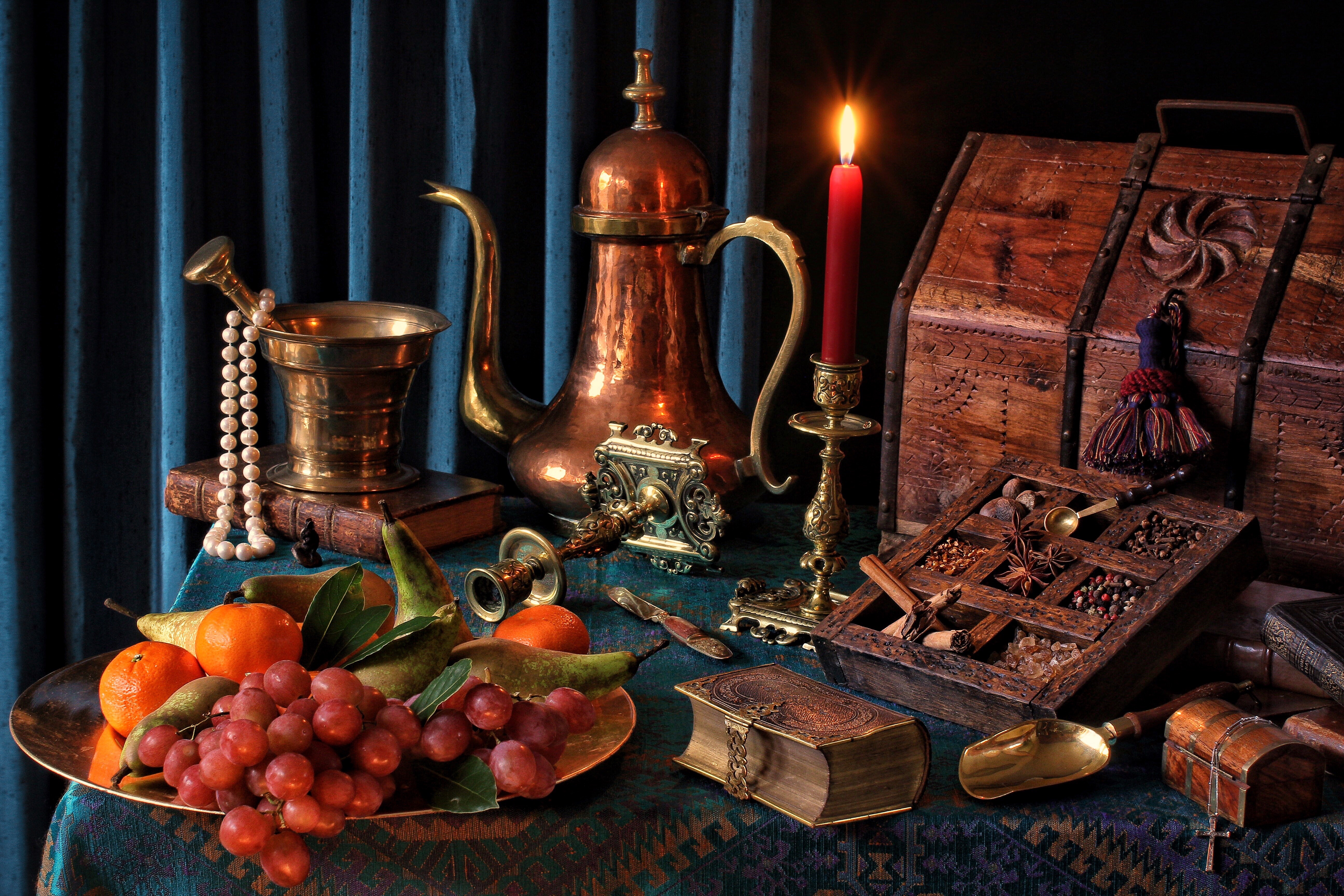 Still-life with Kettle, Fruit, and Candle HD Wallpaper