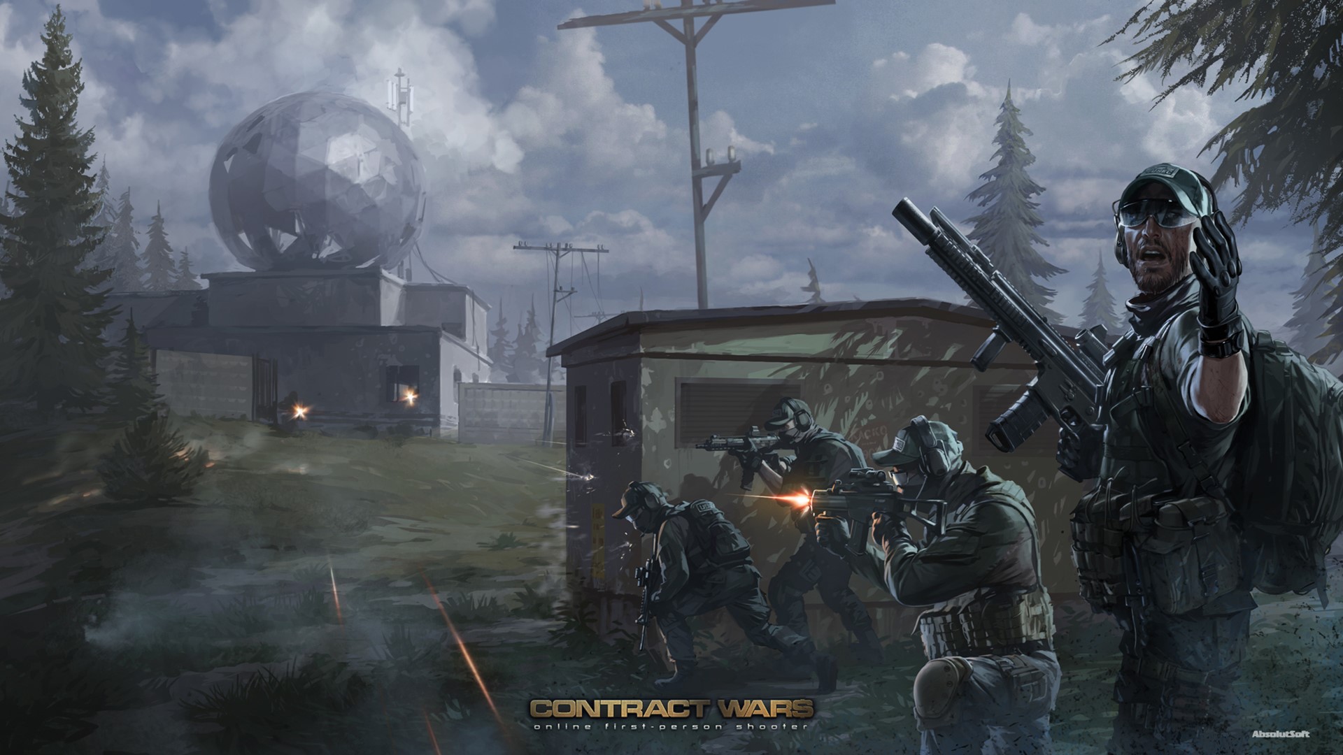 Contract Wars soldiers in combat near a radar dome HD Wallpaper