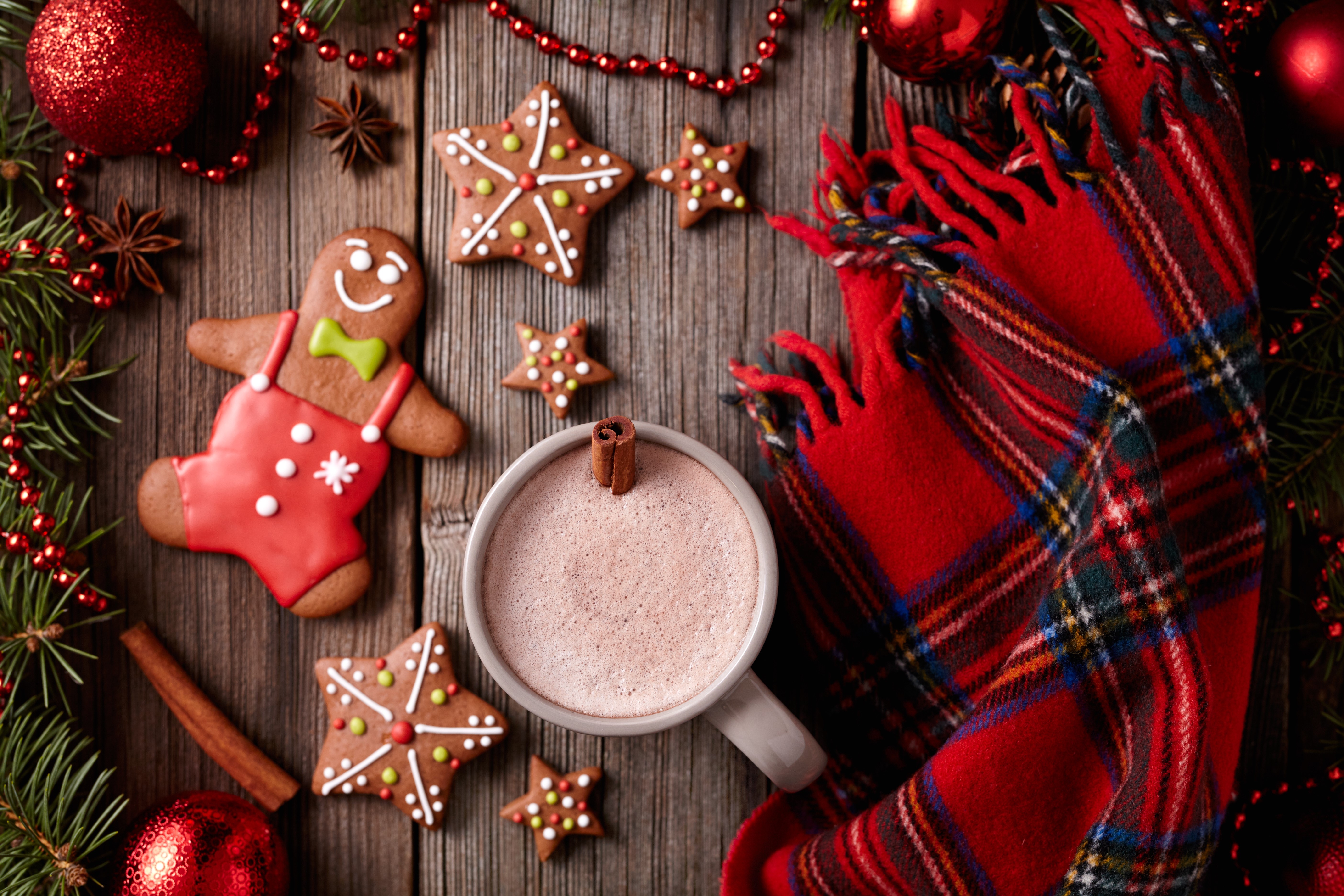 Christmas Cookies and Hot Chocolate on Wood HD Wallpaper