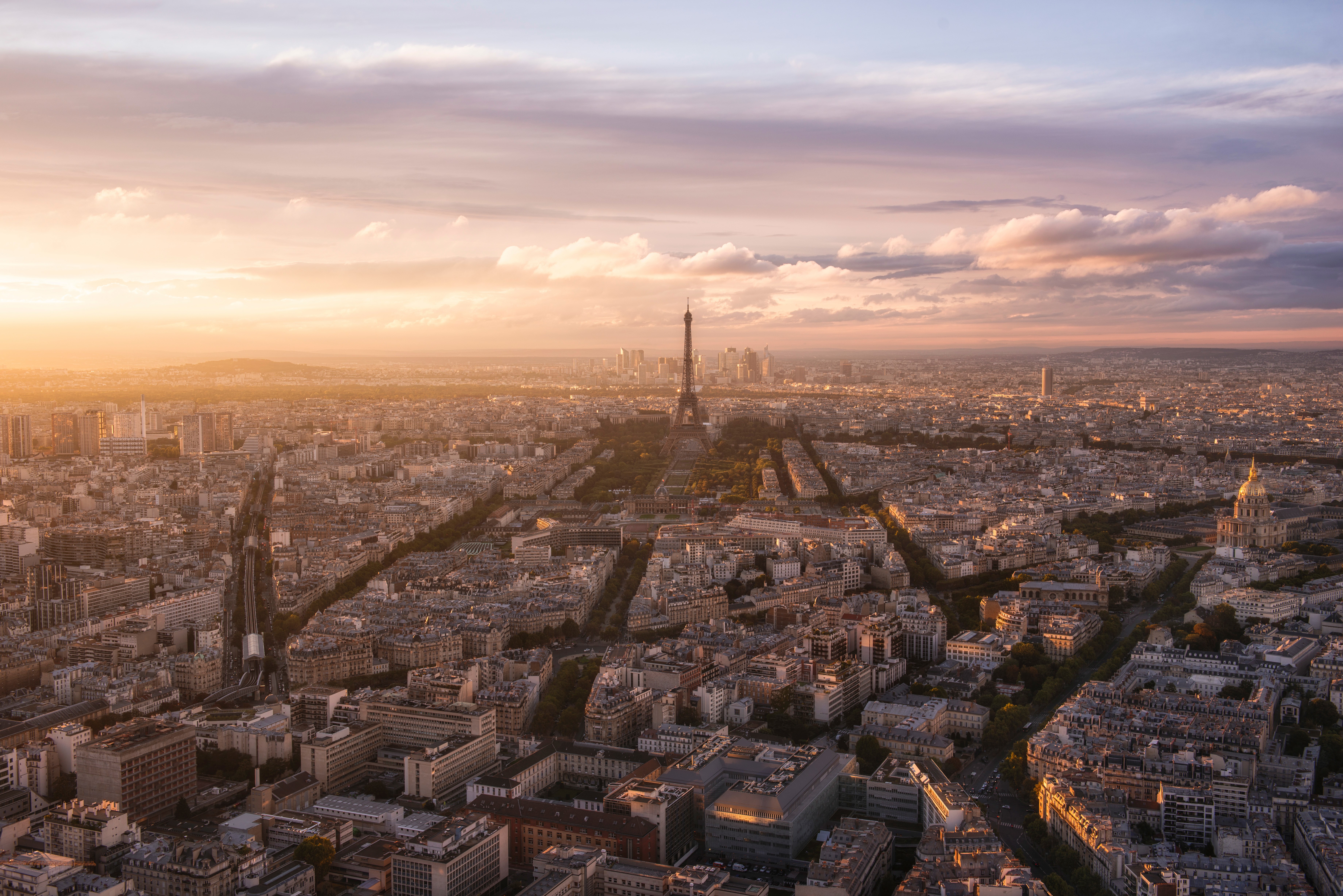 Aerial view of Paris with Eiffel Tower at sunset HD Wallpaper
