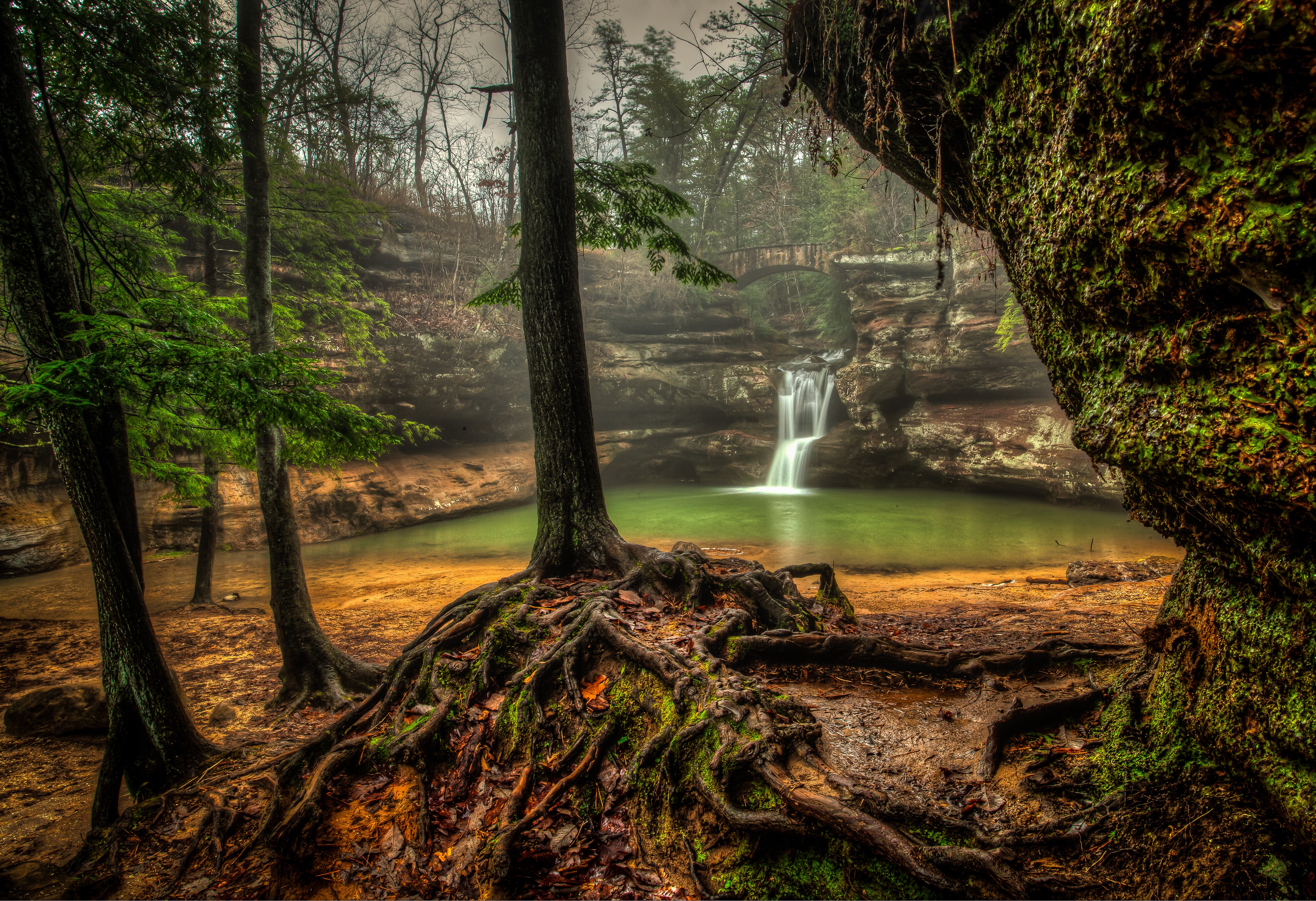 Upper Falls Old Mans Cave Hocking Hills State Park Waterfall HD Wallpaper