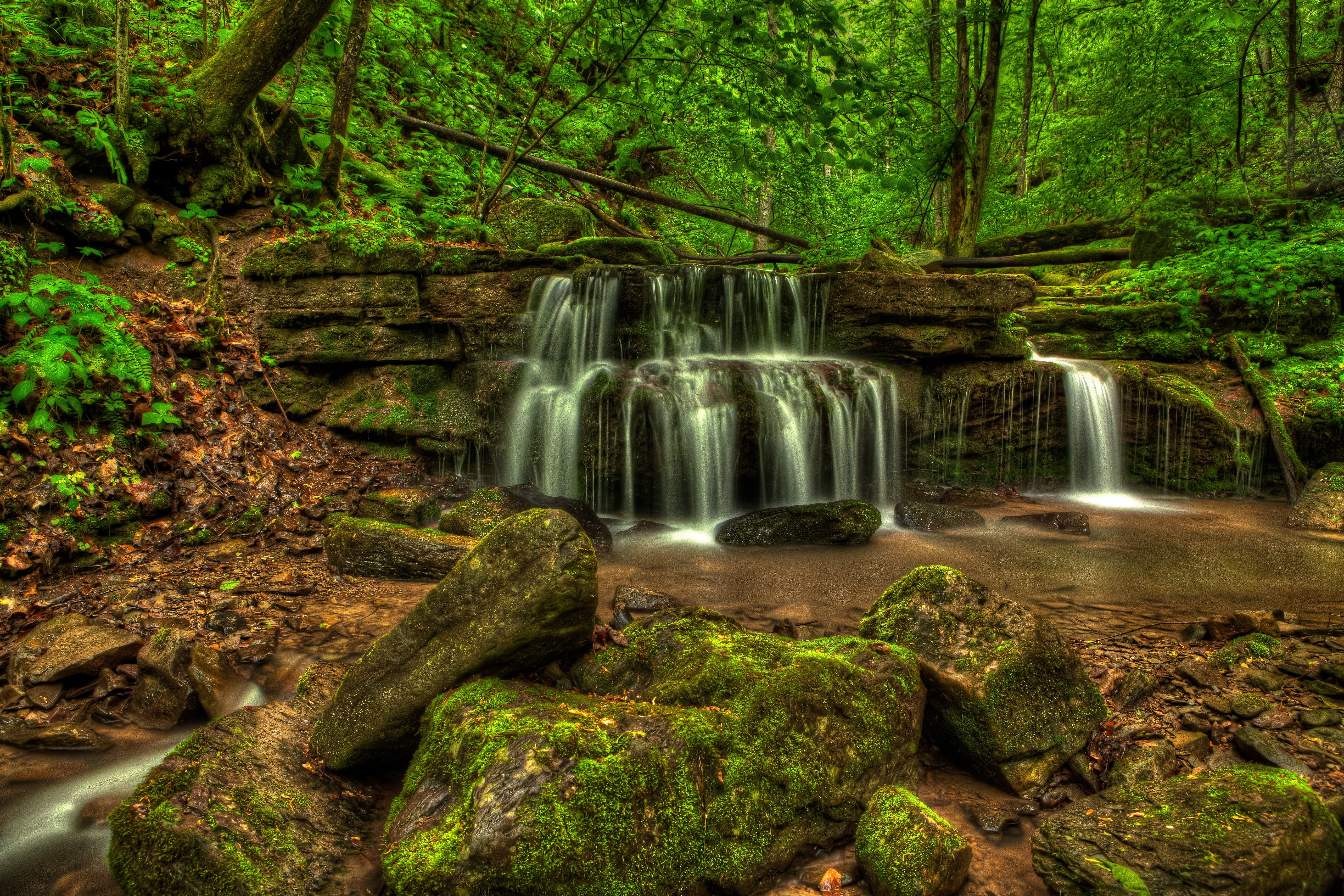 Waterfall cascading over mossy rocks in a forest HD Wallpaper