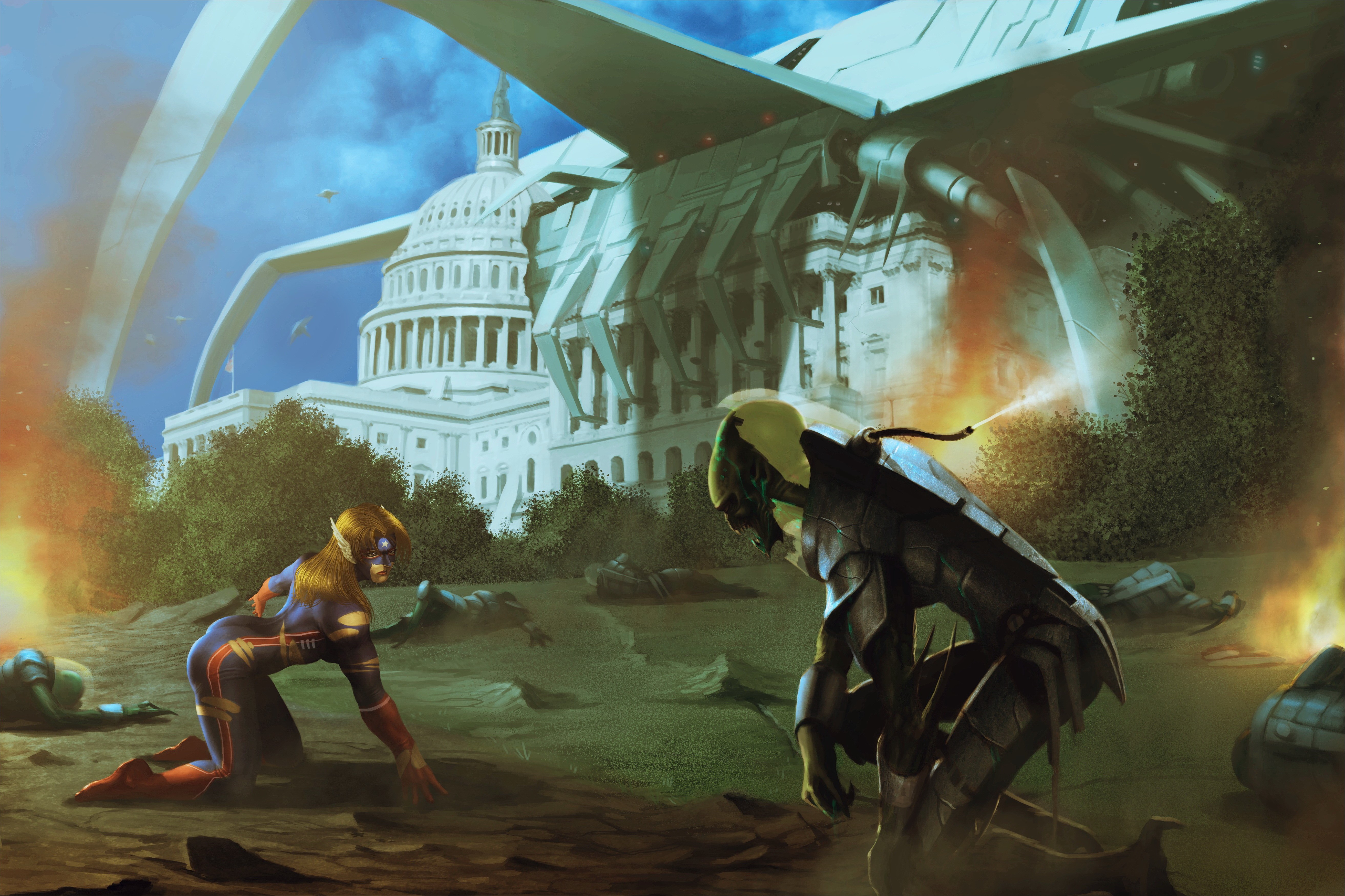 Captain Marvel and alien fighting at the Capitol HD Wallpaper