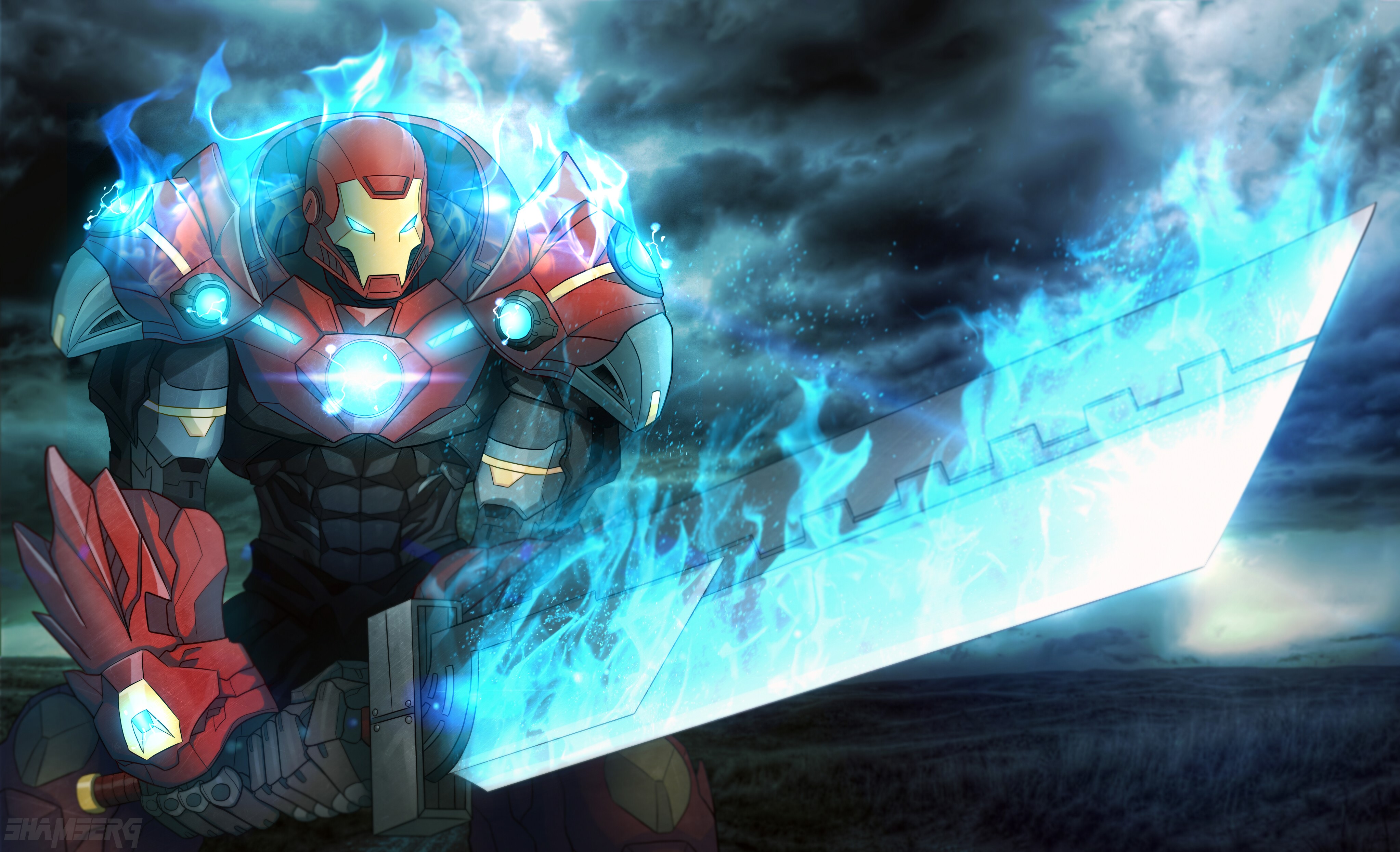 Iron Man with flaming sword HD Wallpaper