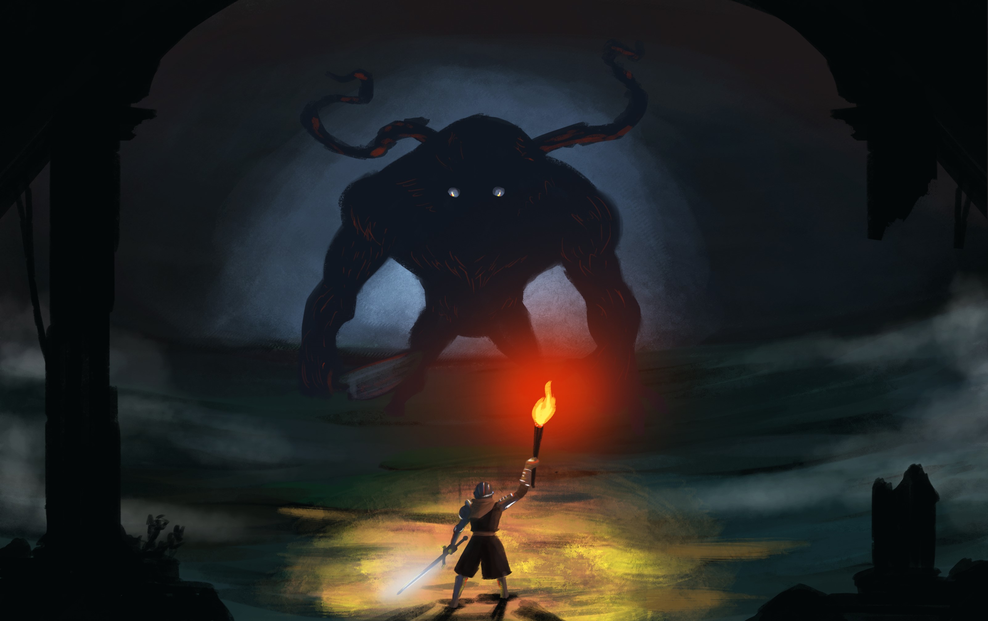 Warrior with torch faces a large monster in a dark cave HD Wallpaper