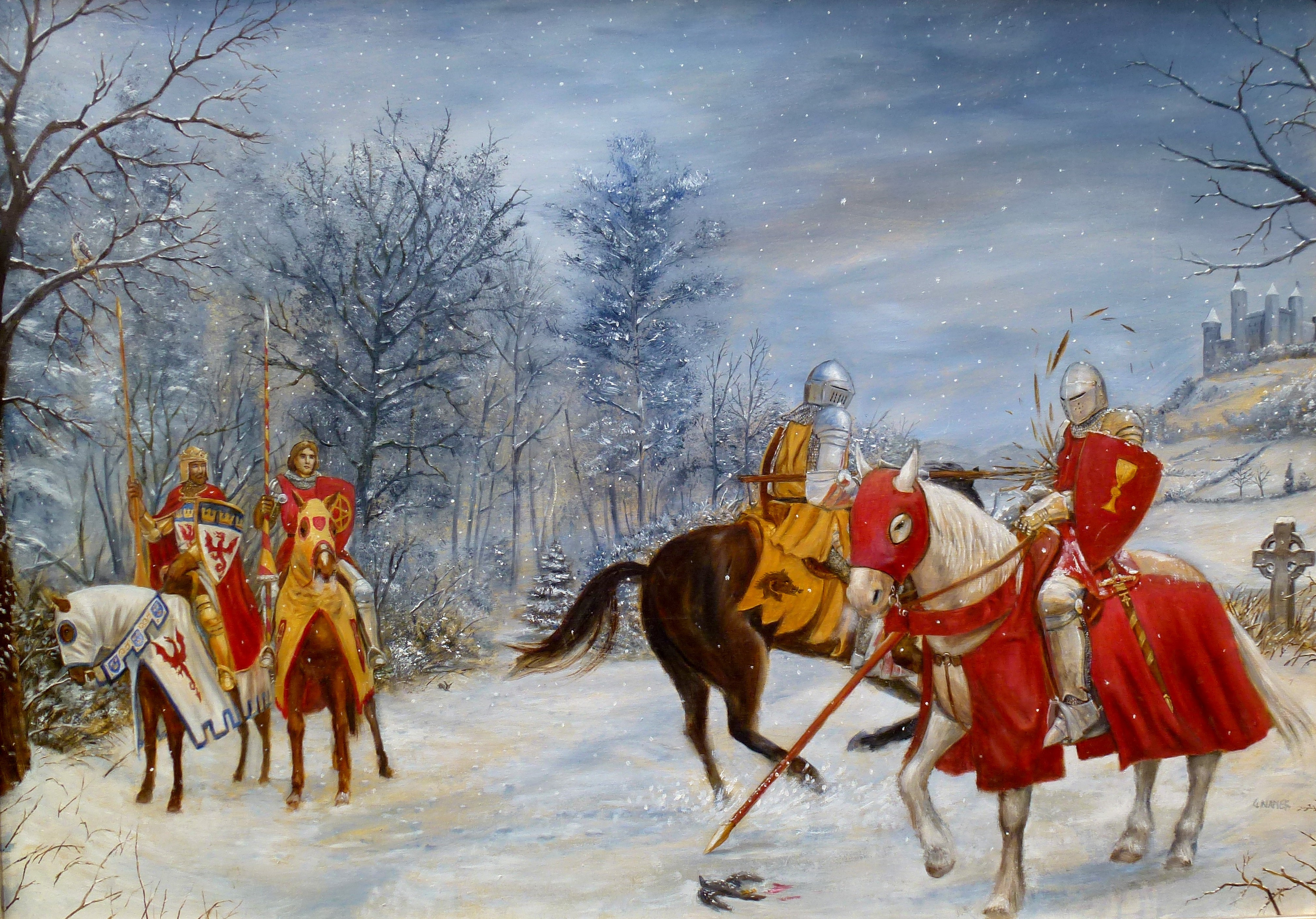 Knights on horseback in a snowy forest HD Wallpaper