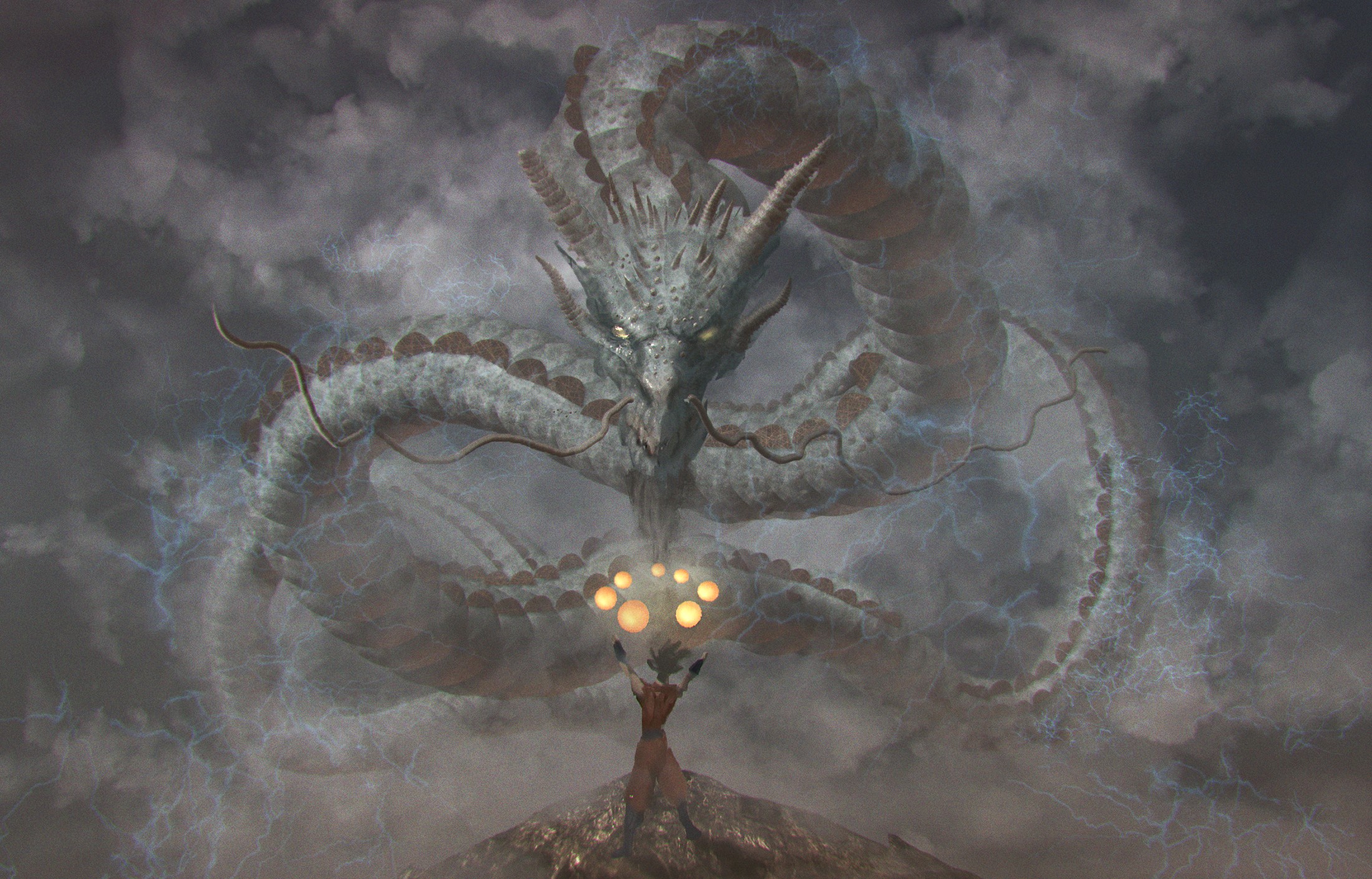 A colossal dragon hovers over a person holding orbs HD Wallpaper