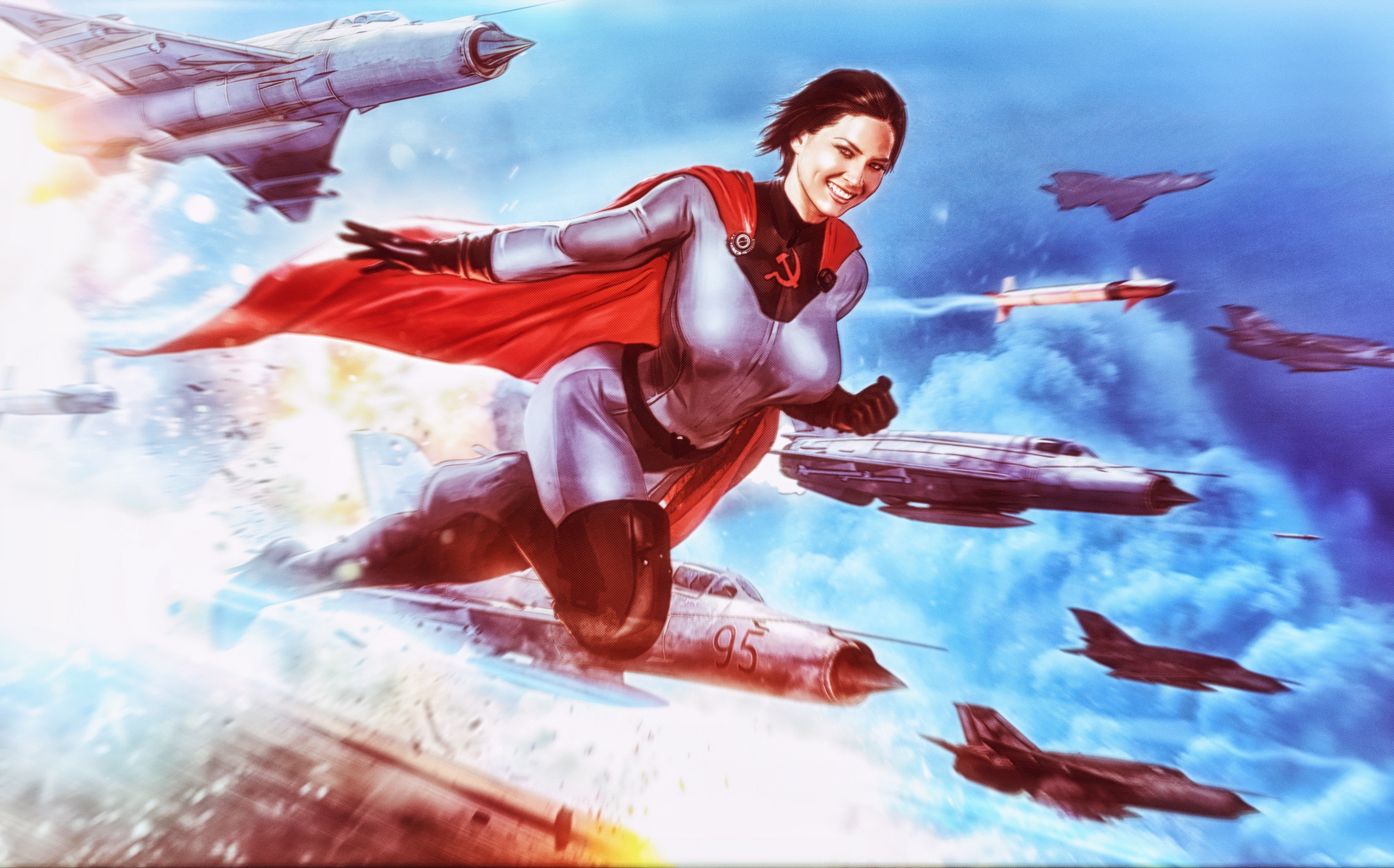 Soviet Superwoman flying with fighter jets HD Wallpaper