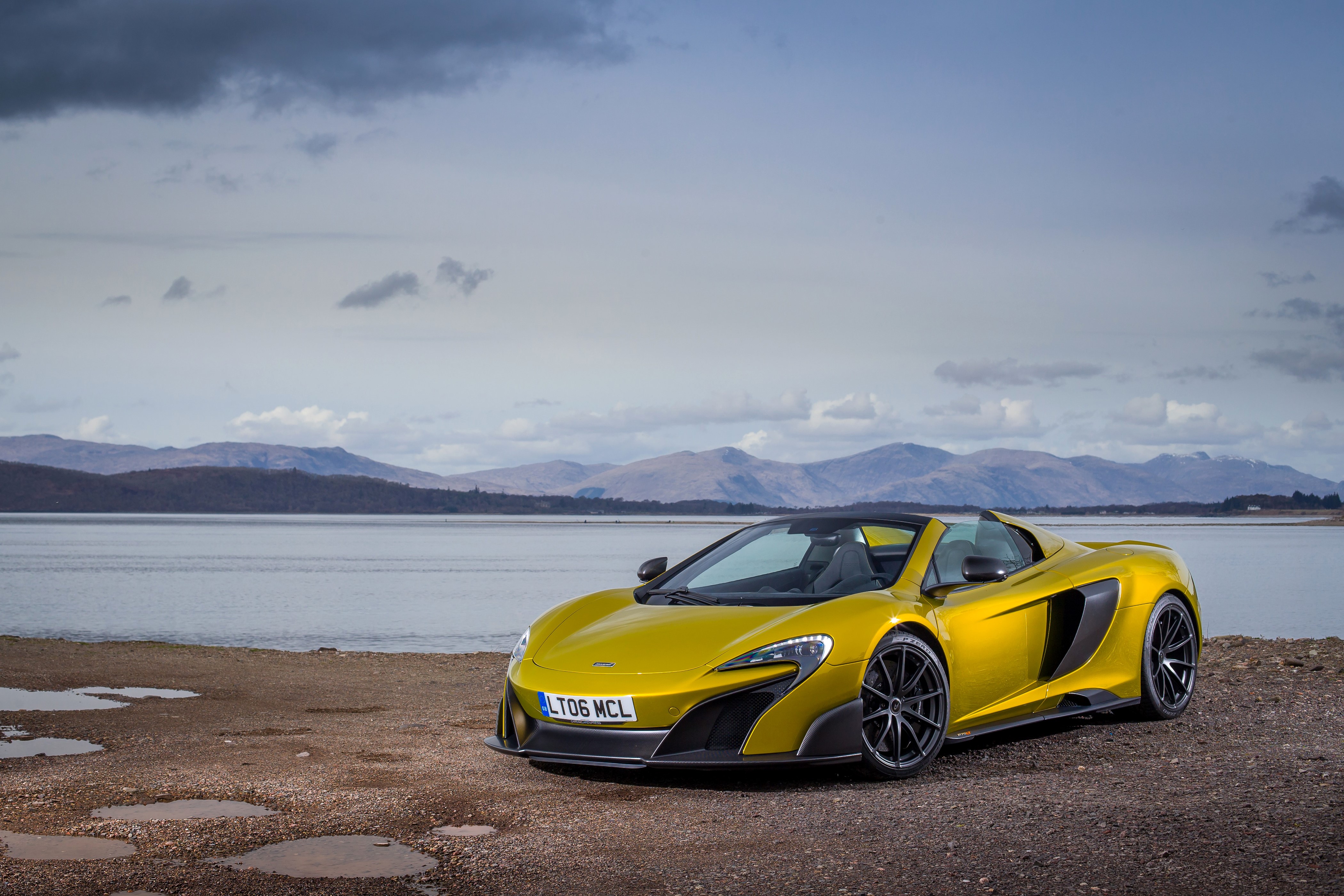Yellow McLaren 675 LT Spider by a Lake HD Wallpaper