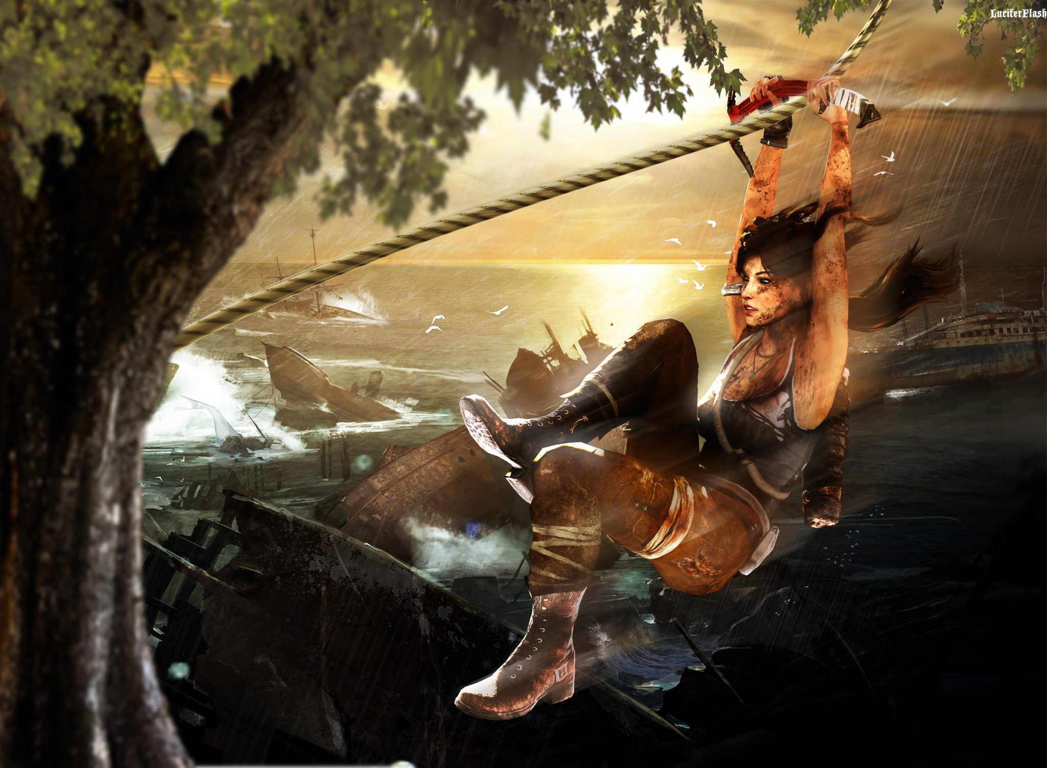 Lara Croft from Tomb Raider 2013 swinging on a rope HD Wallpaper