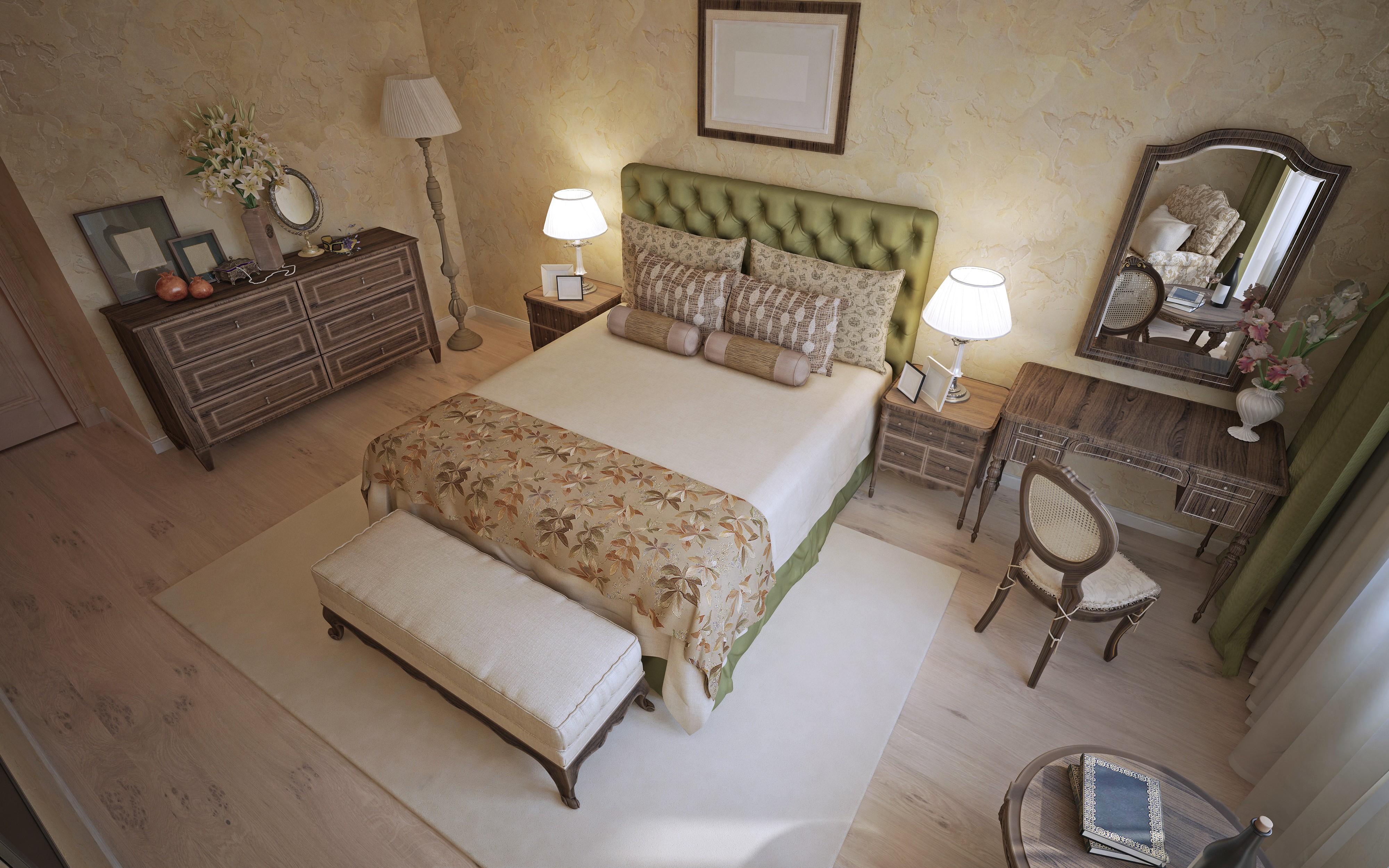 Bedroom with a bed, dresser, and vanity HD Wallpaper