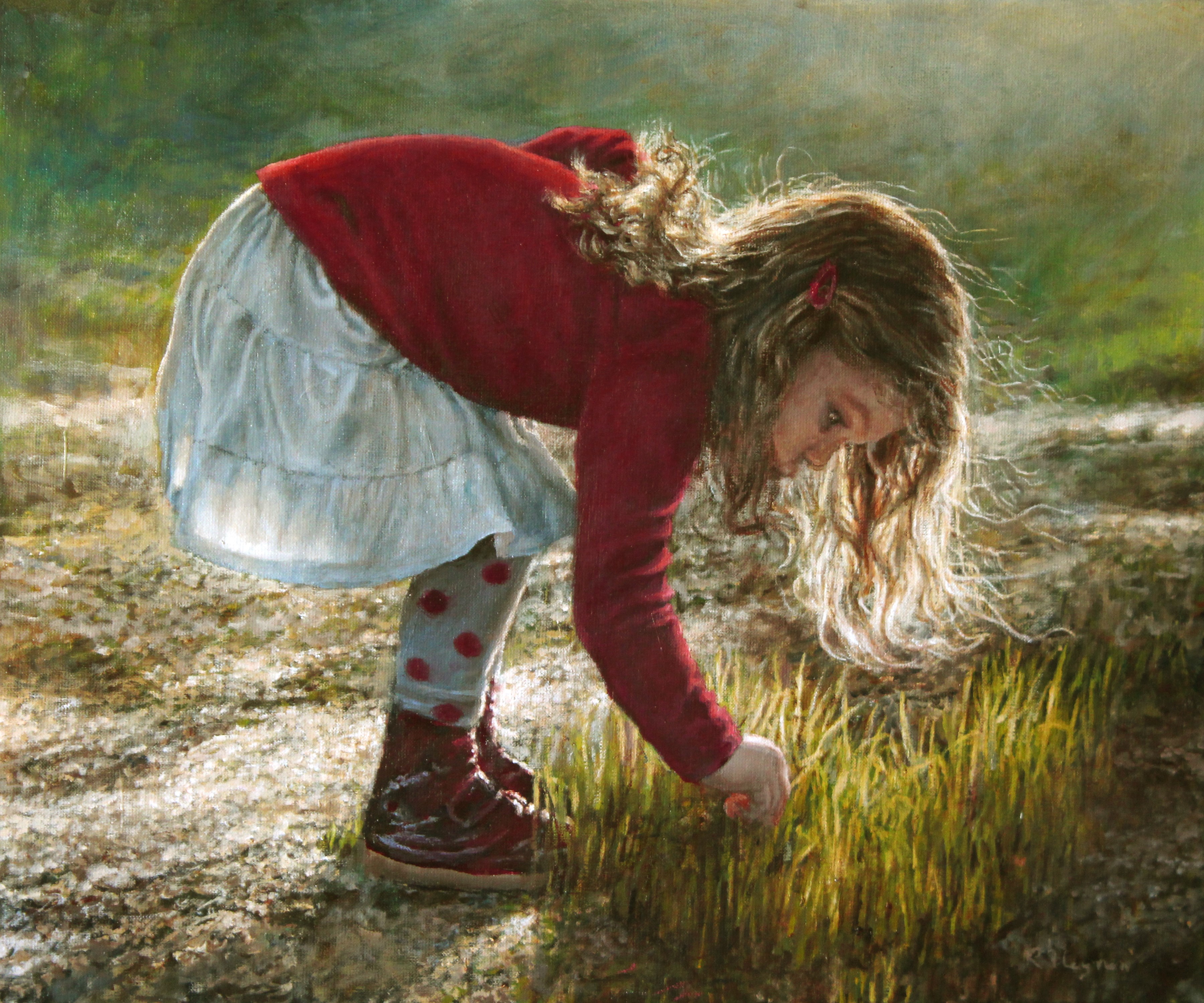 Girl in red shirt picking grass by Ralf Heynen HD Wallpaper