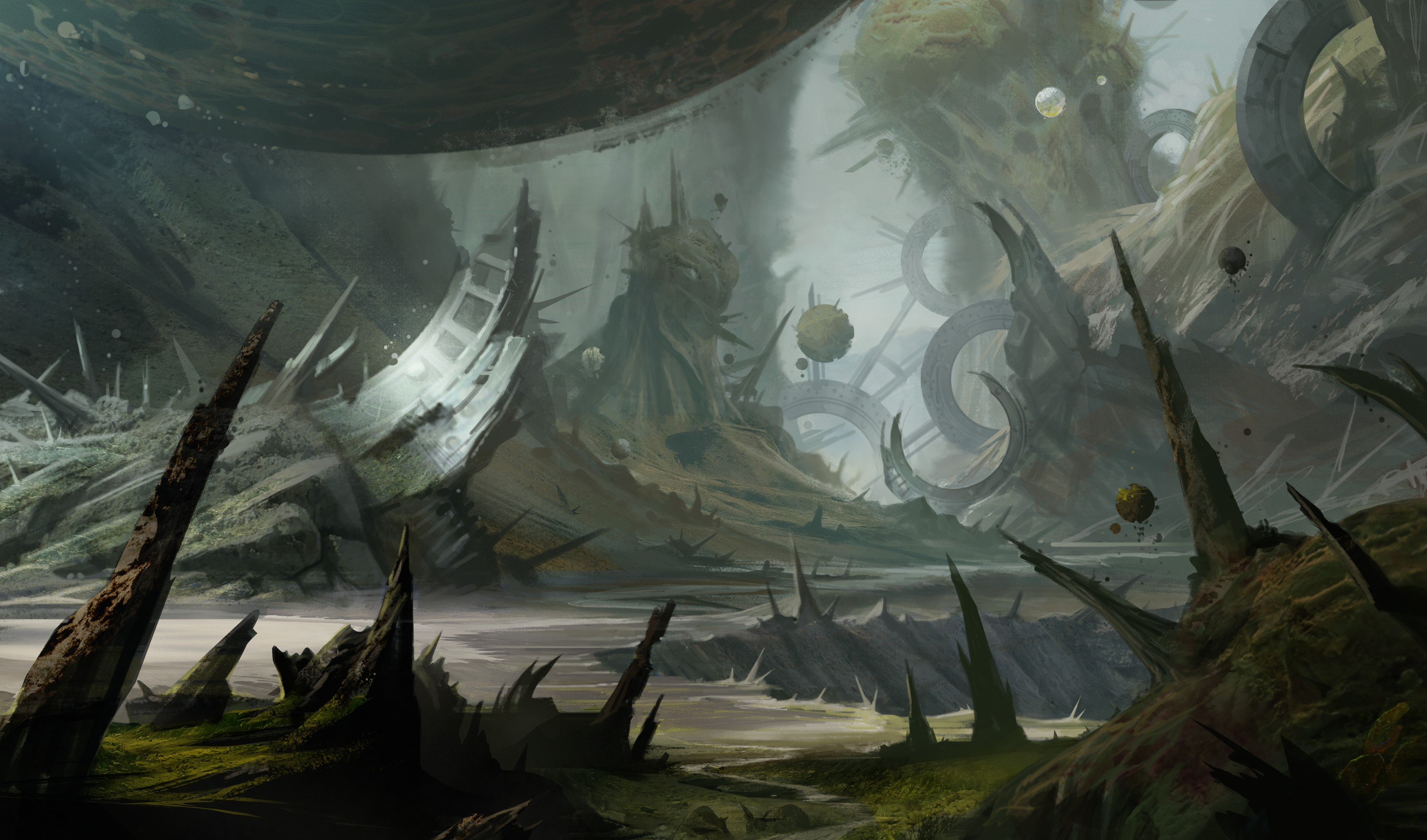 Alien landscape with strange structures and floating orbs HD Wallpaper