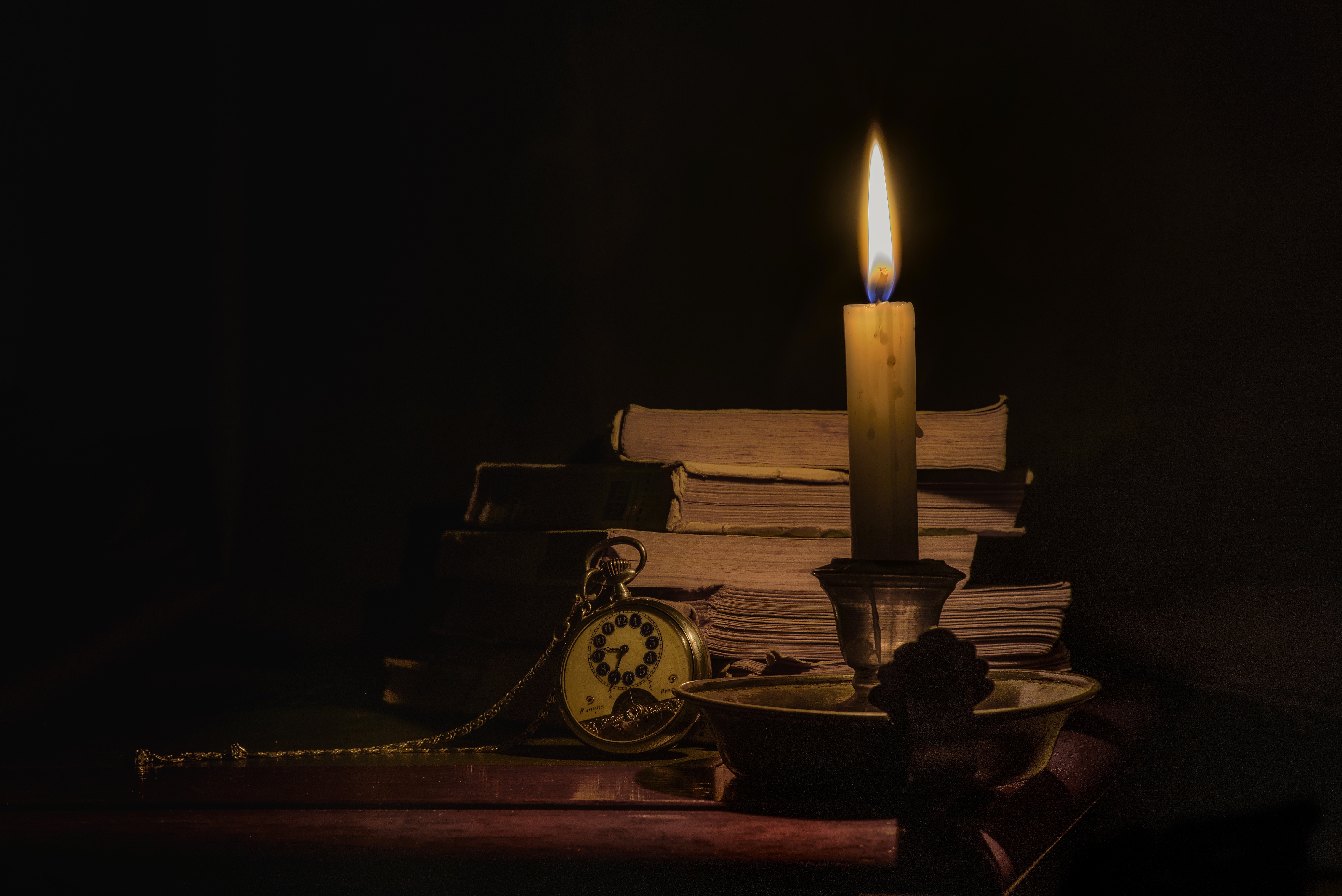 Still-life with candle and books HD Wallpaper