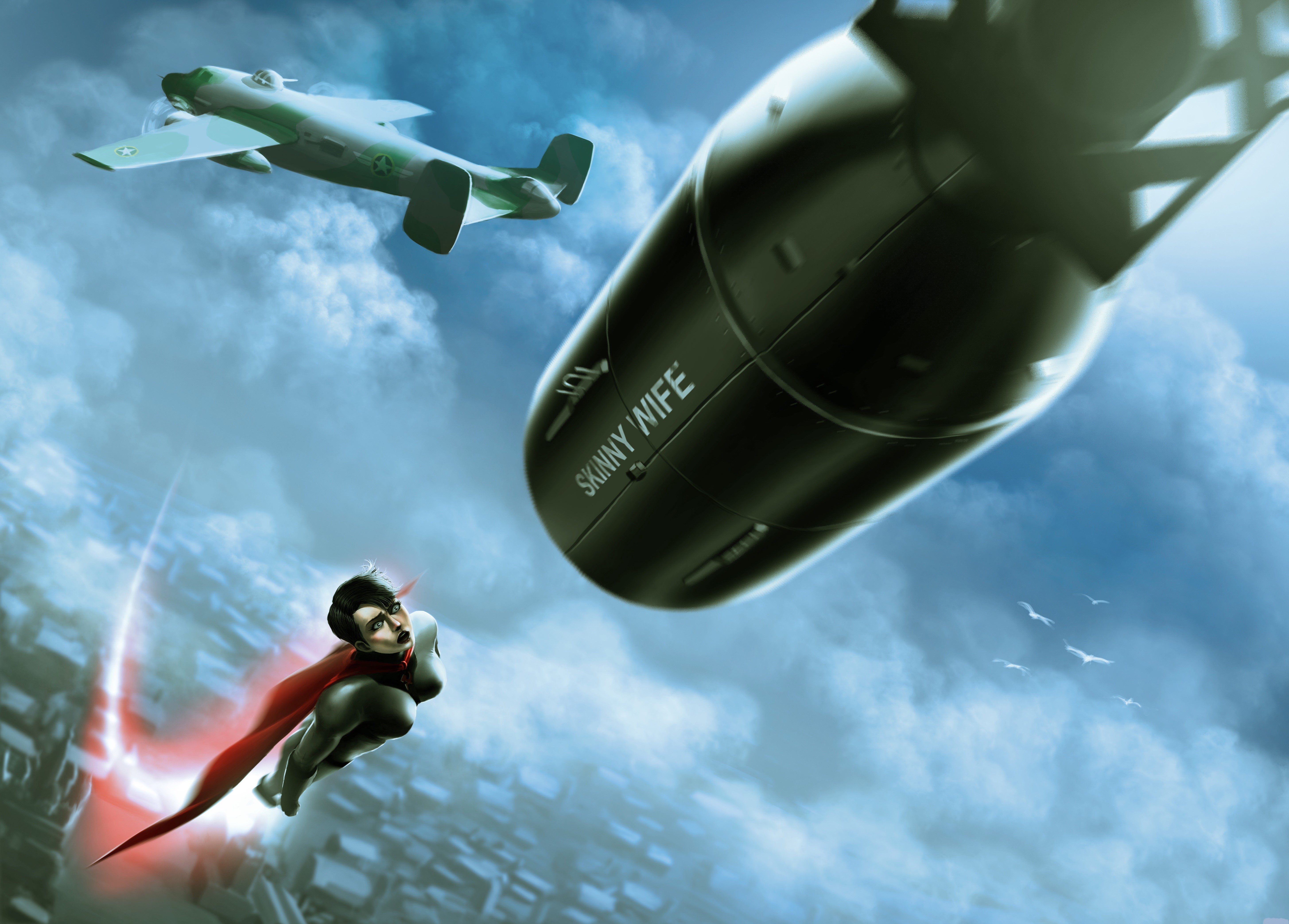 Soviet Superwoman flying near a bomb and airplane HD Wallpaper