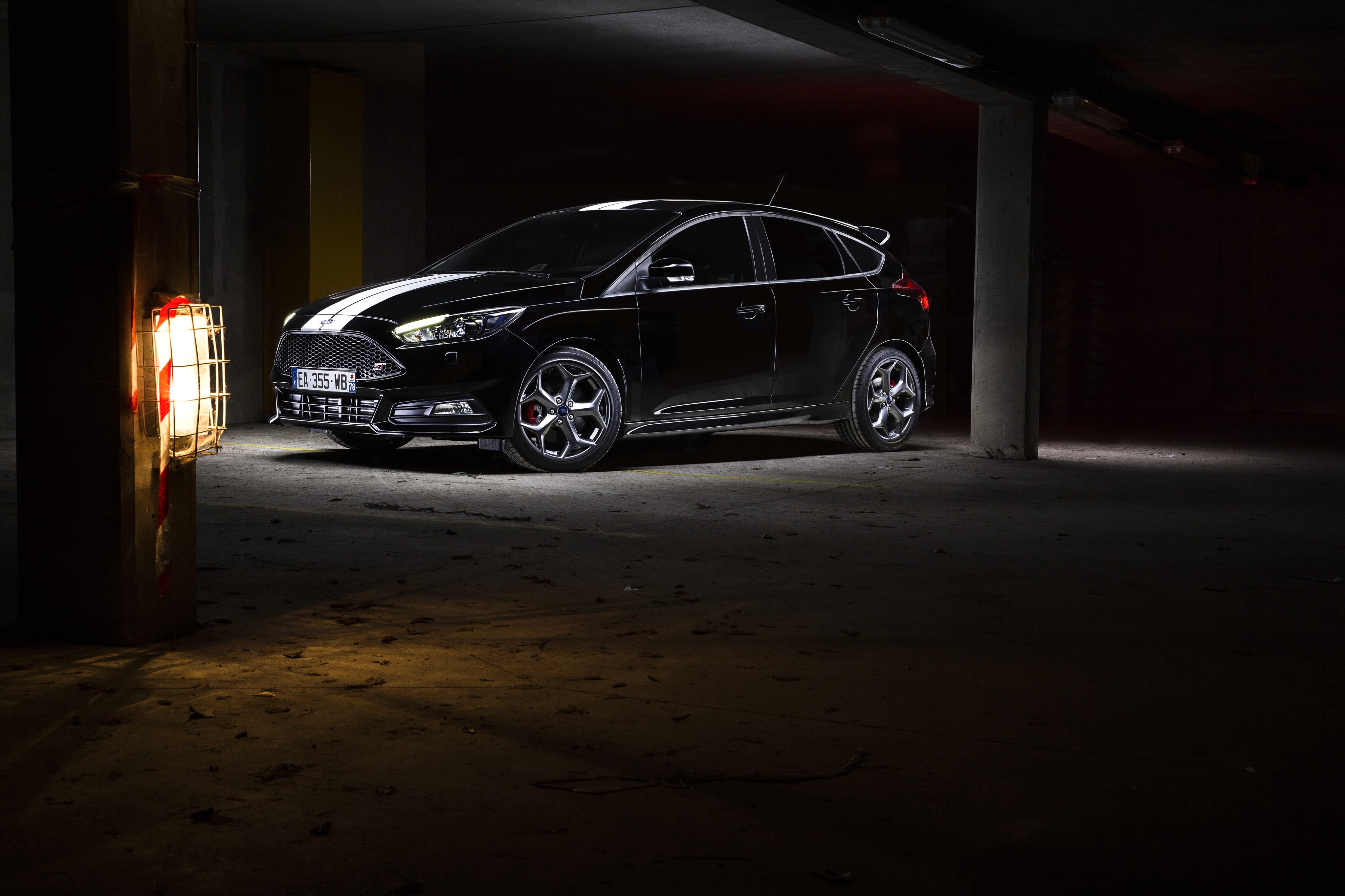 Black Ford Focus ST with white stripes HD Wallpaper