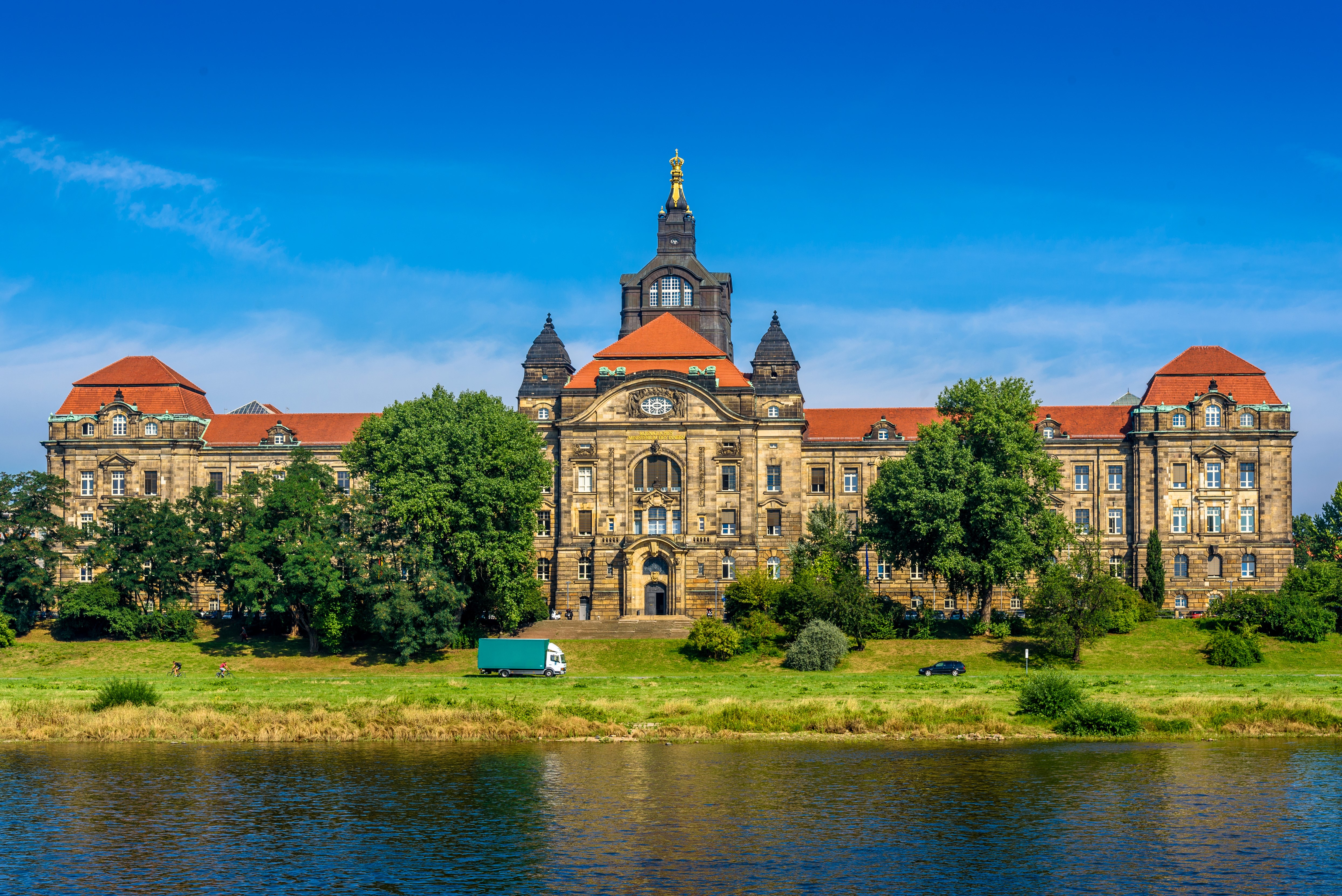 Dresden Germany Riverfront Building with Trees HD Wallpaper