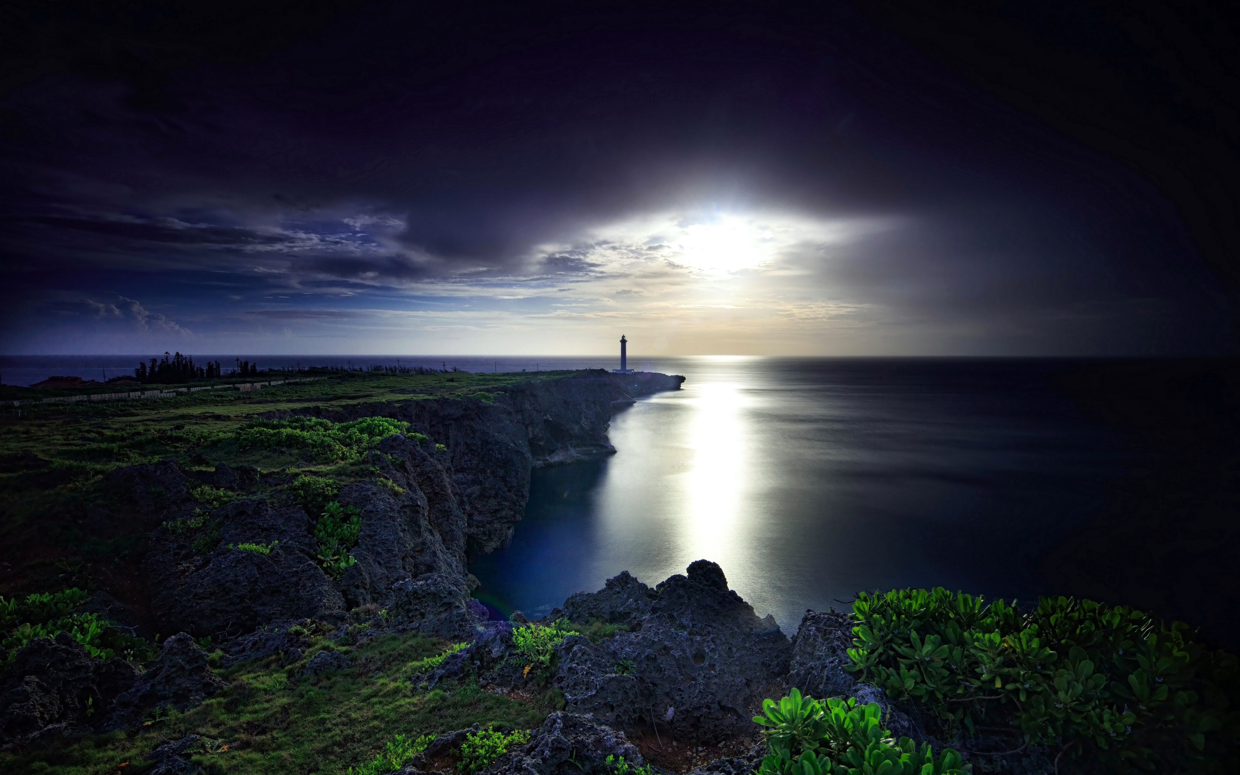 4K Okinawa Japan Coast Lighthouse at Night HD Wallpaper