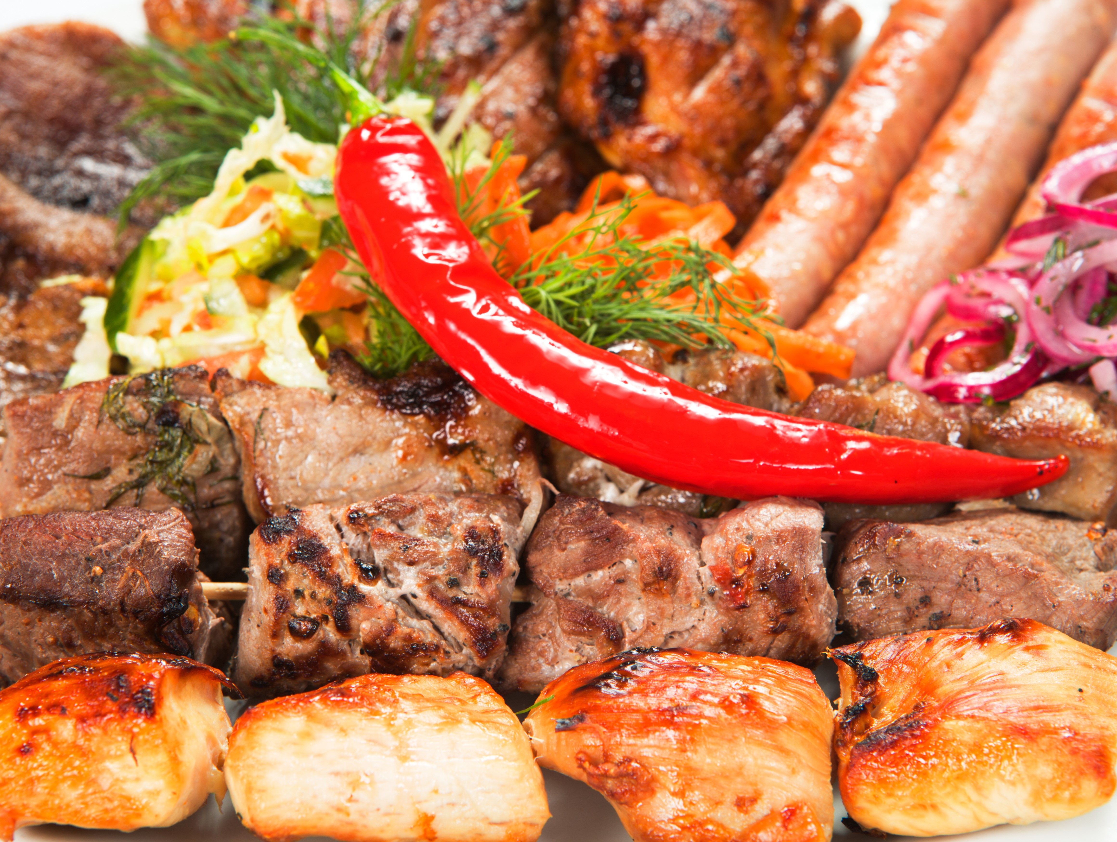 4K Meat products Shashlik Vienna sausage Chili pepper HD Wallpaper