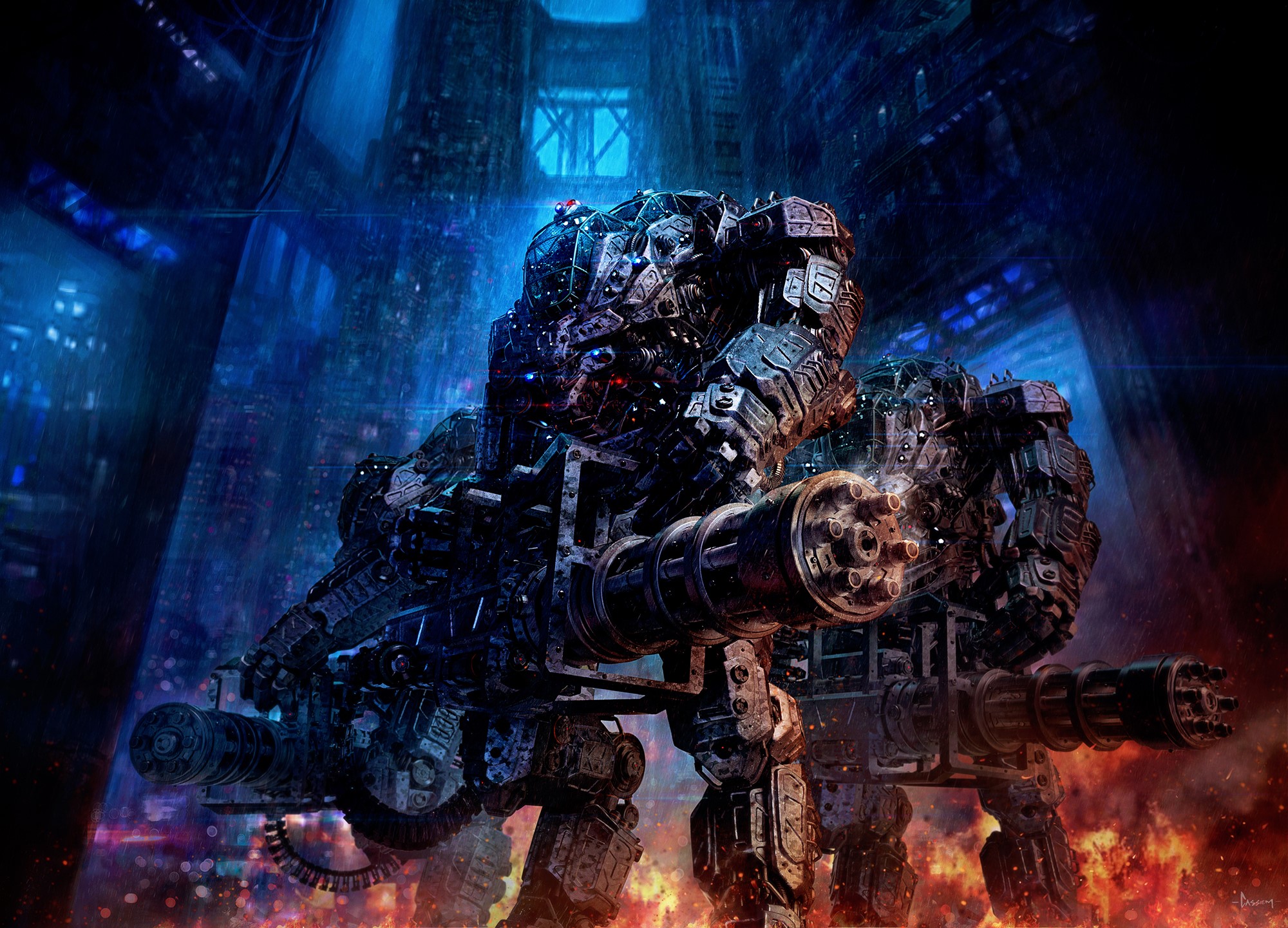 Giant robot with machine guns in a futuristic city HD Wallpaper
